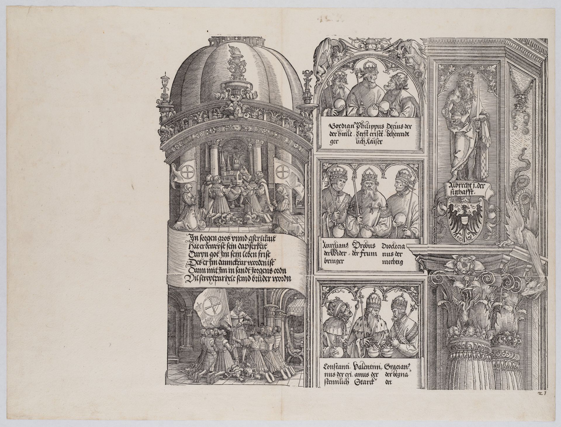 Maximilian as Founder and Protector of the Order of St. George; and Maximilian and the Knights of St. George Vowing a Crusade Against the Turks; with Portraits of Emperors and Kings (Maximilian's Forerunners), from the Arch of Honor, proof, dated 1515, printed 1517-18 by Albrecht Altdorfer