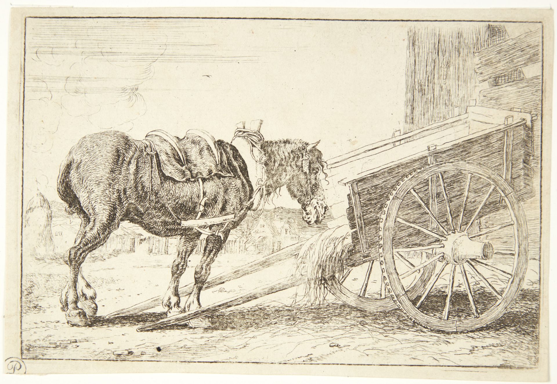 Hest ved en tohjulet kærre by Jan van den Hecke I