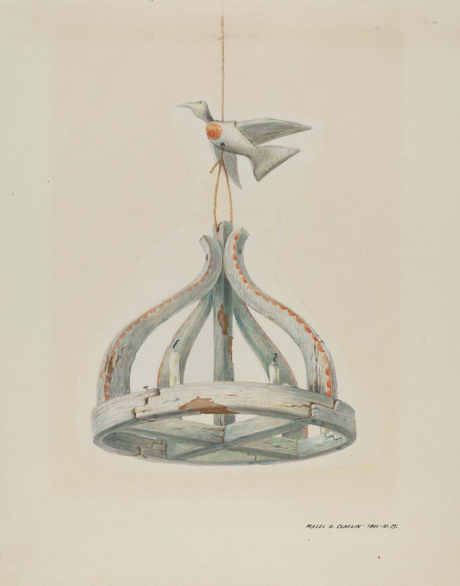 One painted, Wooden Candelabrum, with Dove by Majel G. Claflin
