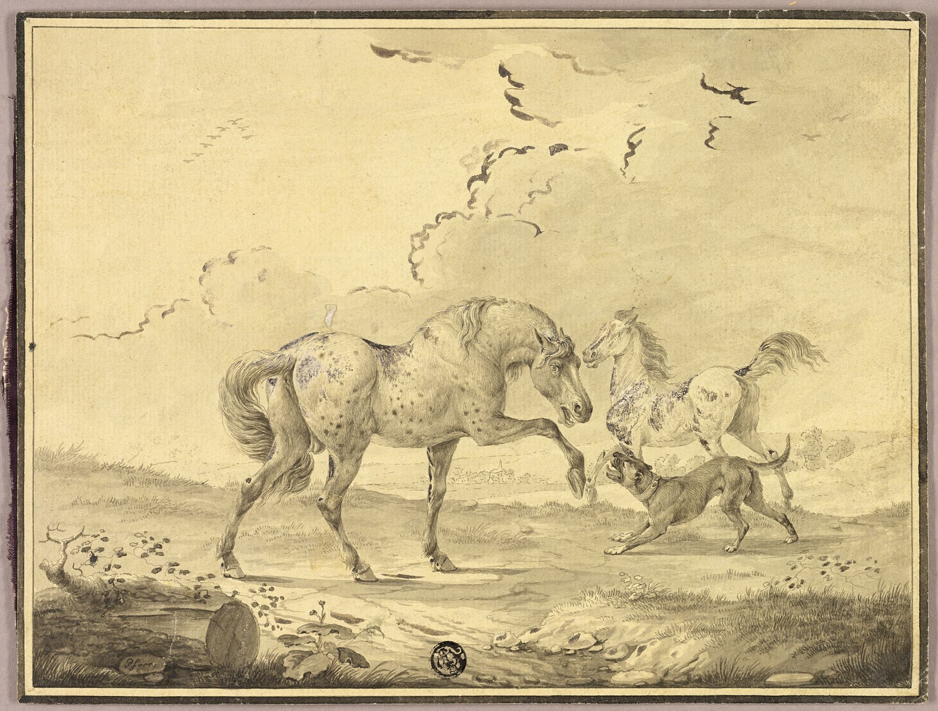 Two Horses Fighting Dog by Johann Georg Pforr