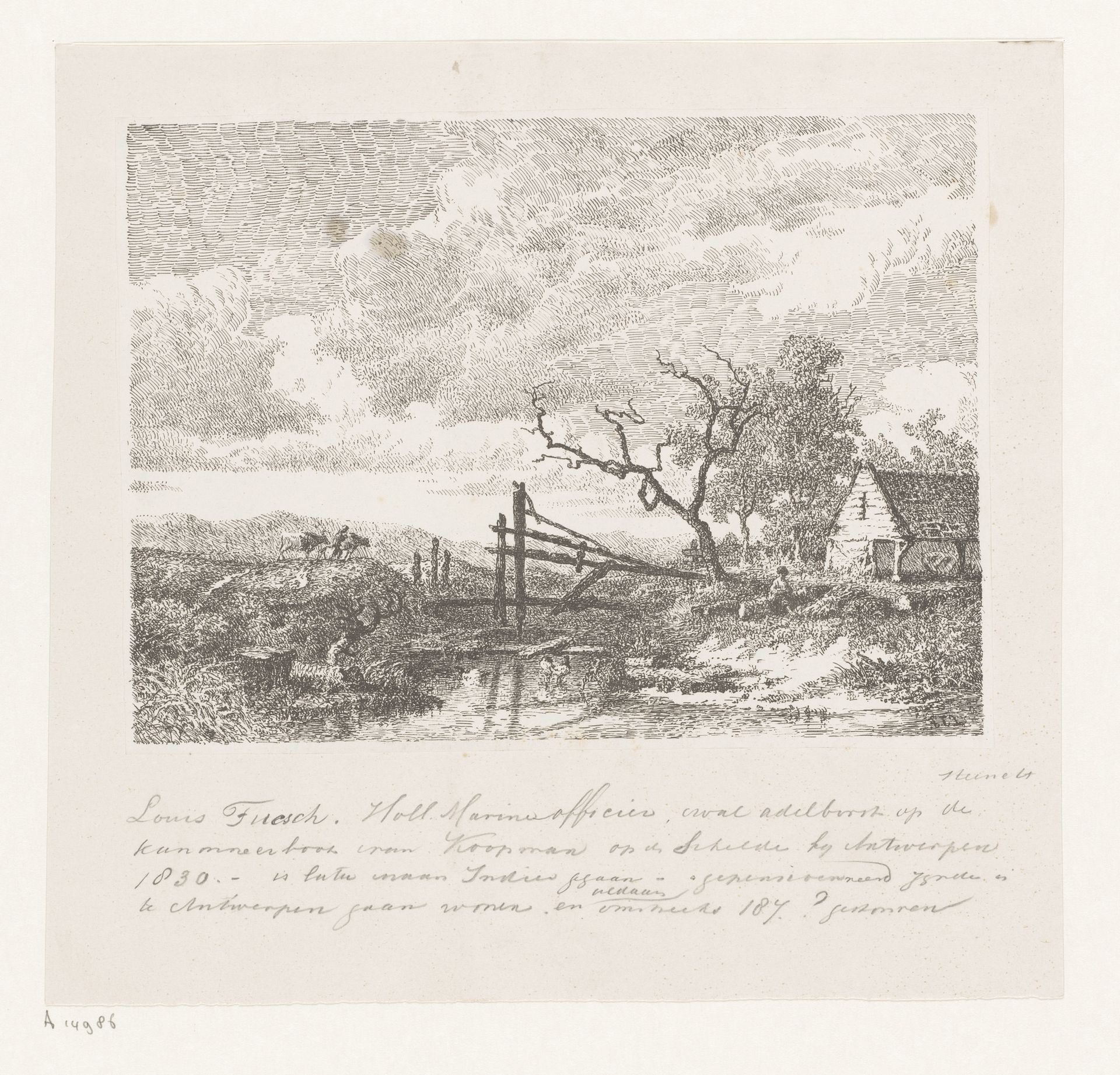 Landschap met constructie van houten palen over een sloot by Lodewijk Juliaan Fuchs