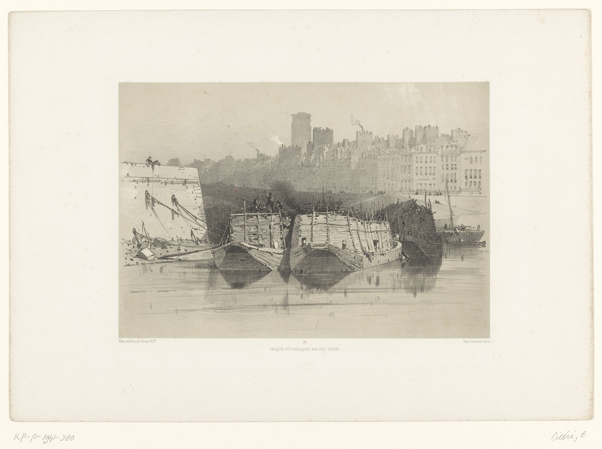 Stadsgezicht met boten op een rivier by Eugène Cicéri