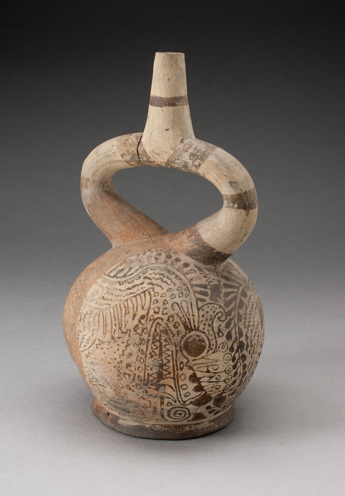 Spout Vessel with Fineline Painting Depicting a Supernatural Wearing a Shell by Moche