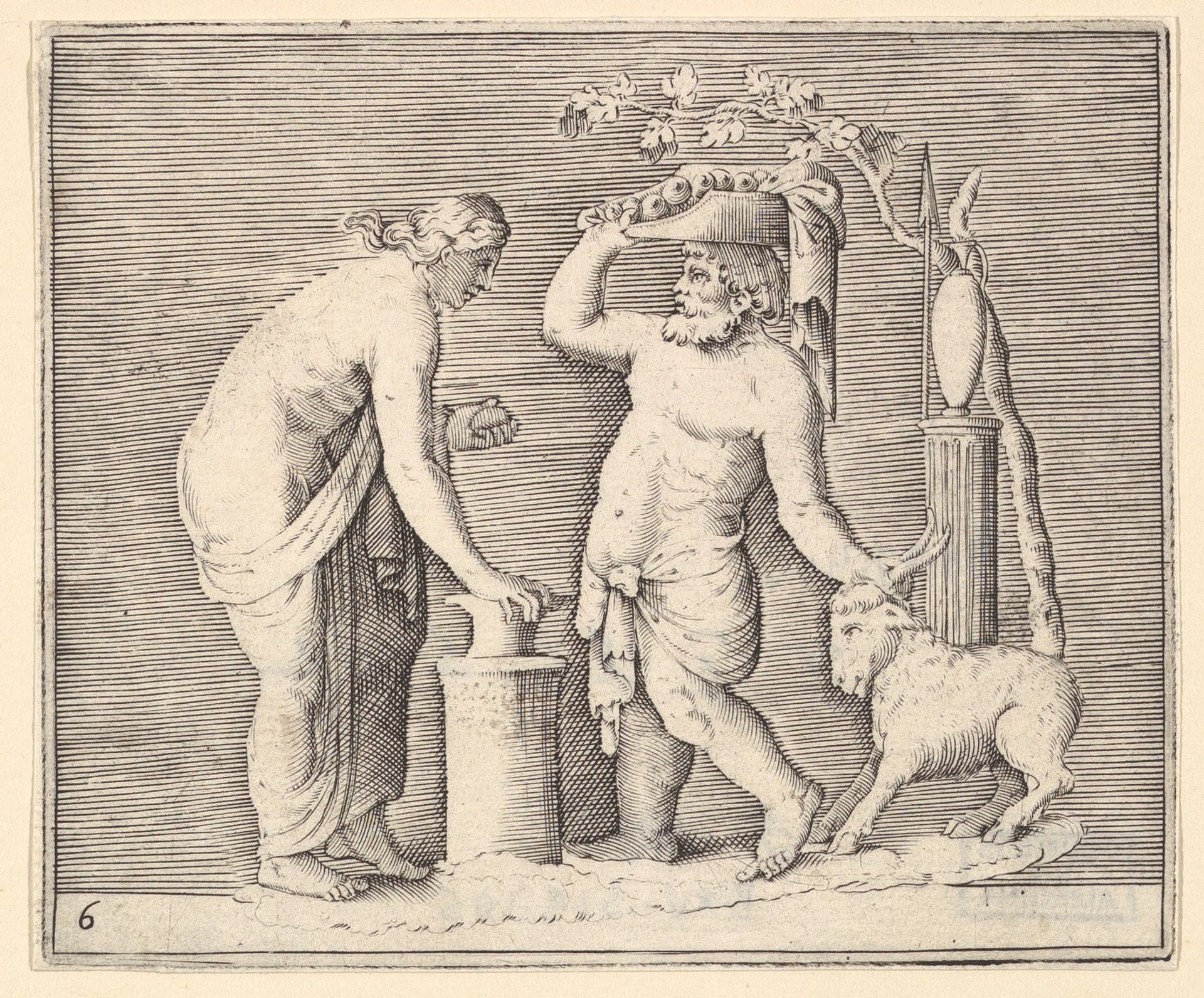 Man and Woman Sacrificing a Goat, from "Ex Antiquis Cameorum et Gemmae Delineata/ Liber Secundus/et ab Enea Vico Parmen Incis" by Anonymous