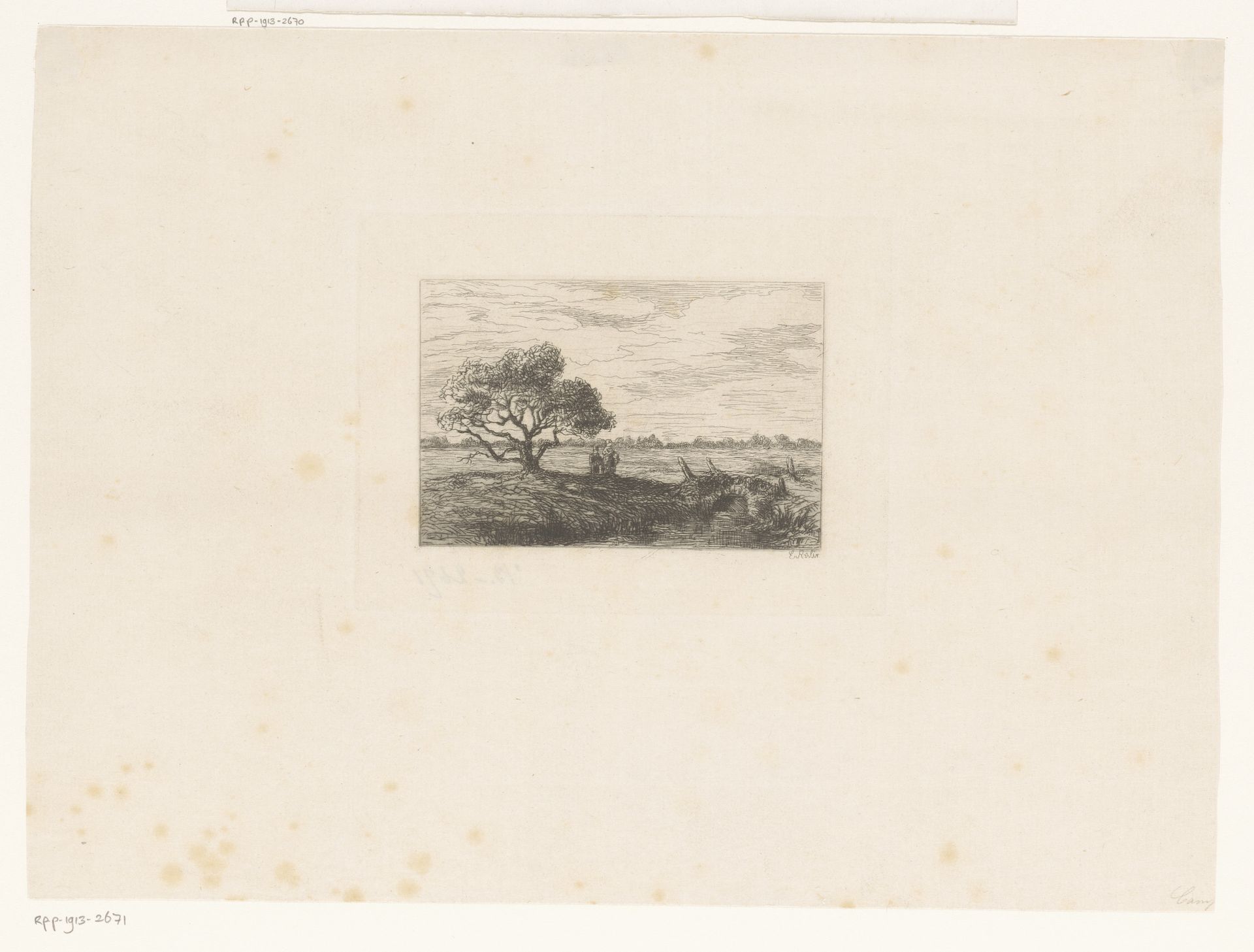 Gezicht op de Kempen met boom en twee figuren bij een brug by Emilie Rolin-Jacquemijns