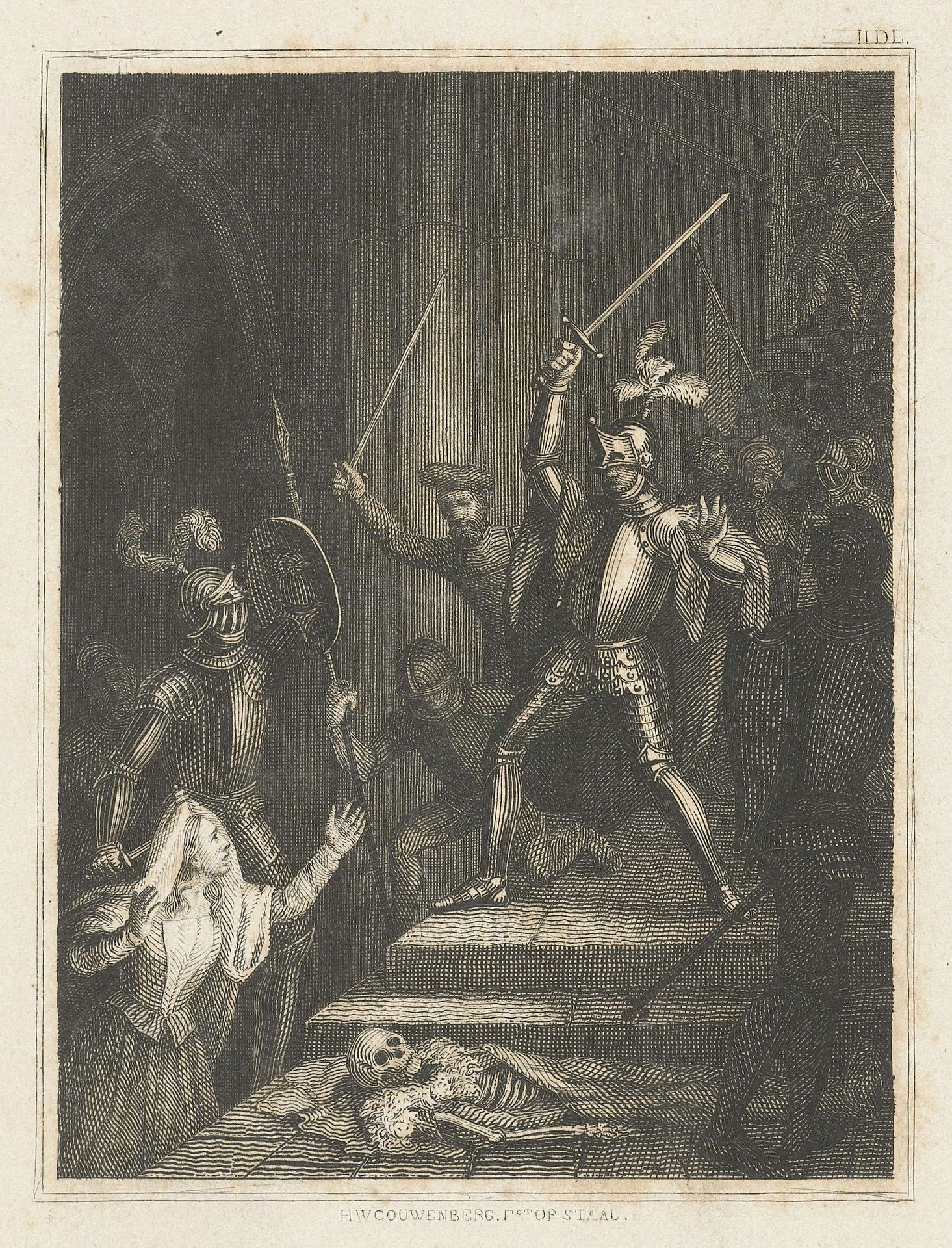 Ridders vechten in de grafkelder van een kerk by Henricus Wilhelmus Couwenberg