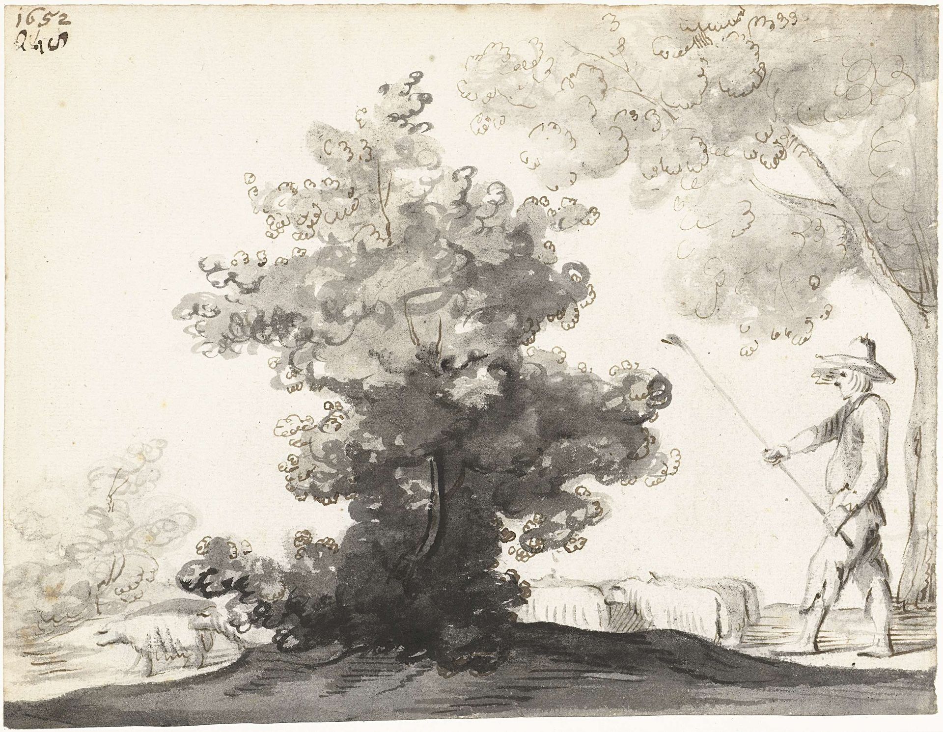 Herder met staf en schapen, lopend langs een struik by Harmen ter Borch