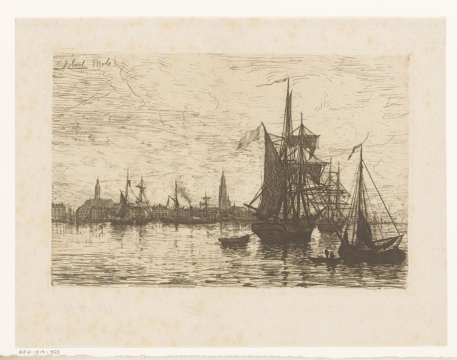 Gezicht op Antwerpen met schepen op de voorgrond by Robert Mols
