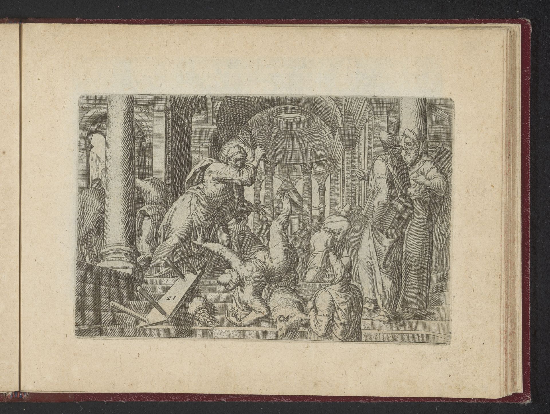 Christus verdrijft de geldwisselaars uit de tempel by Philips Galle
