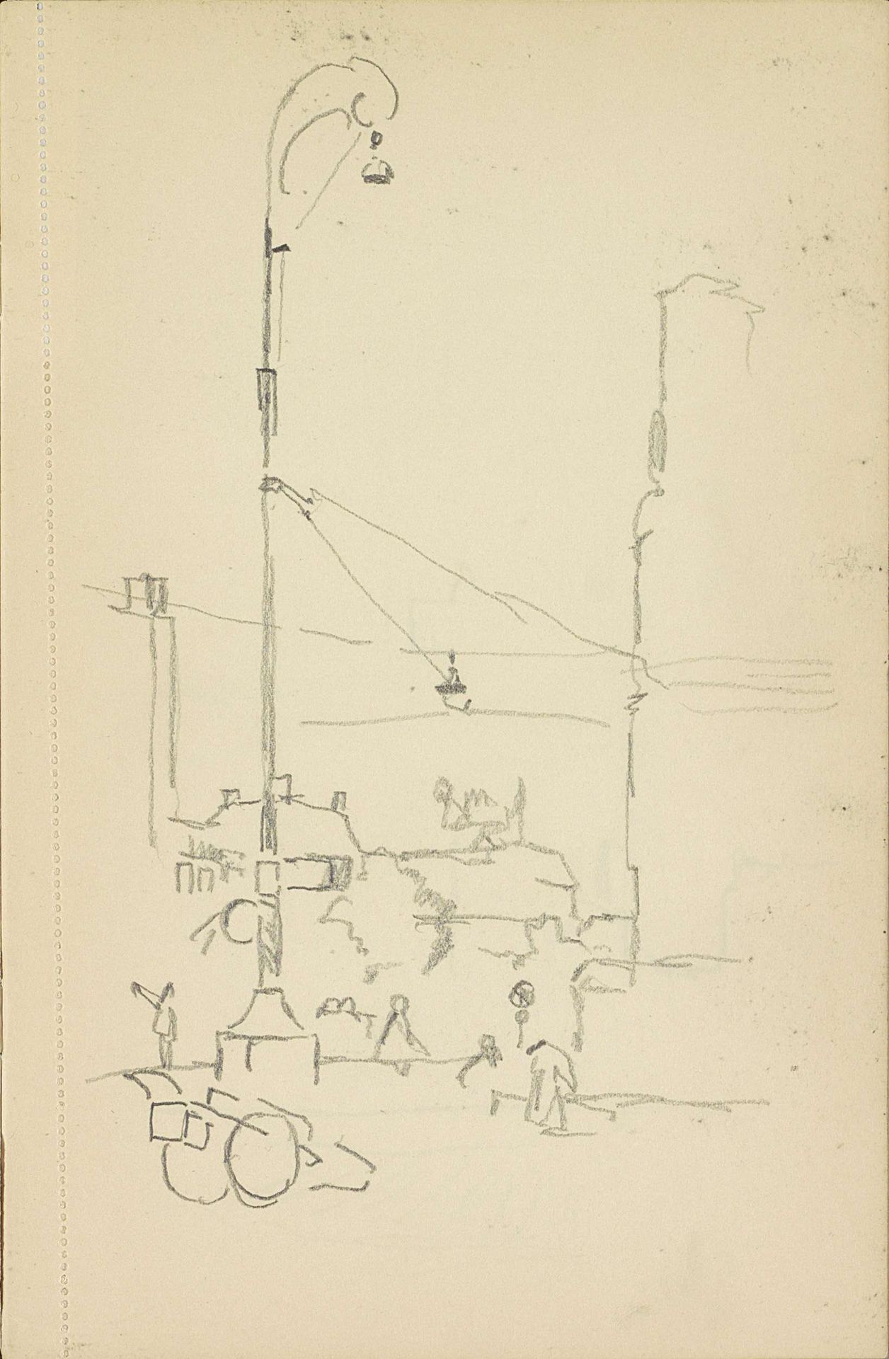 Straat met figuren, straatverlichting en een handkar by Cornelis Vreedenburgh