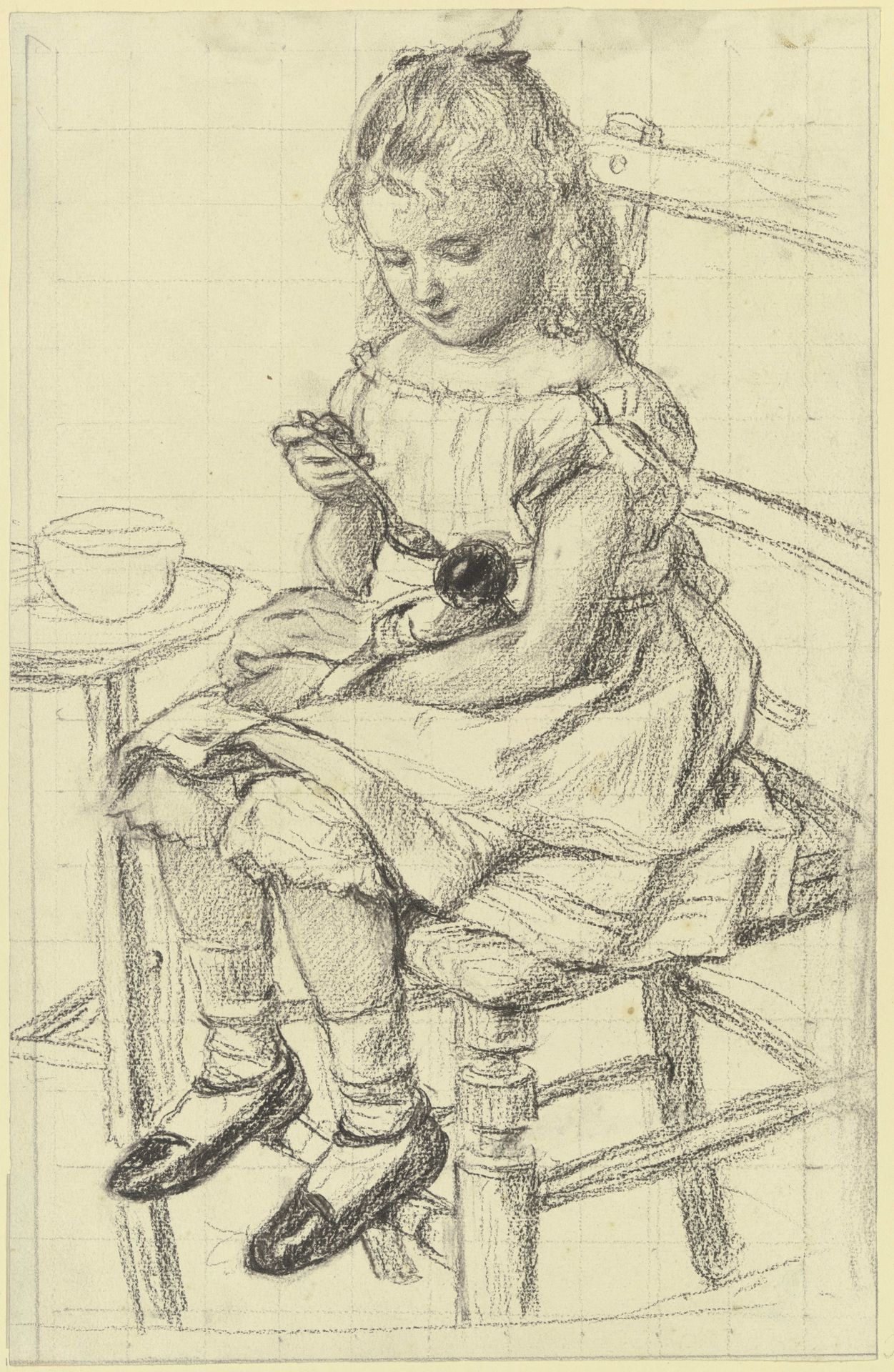 Ein Mädchen beim Füttern ihrer Puppe by Otto Scholderer