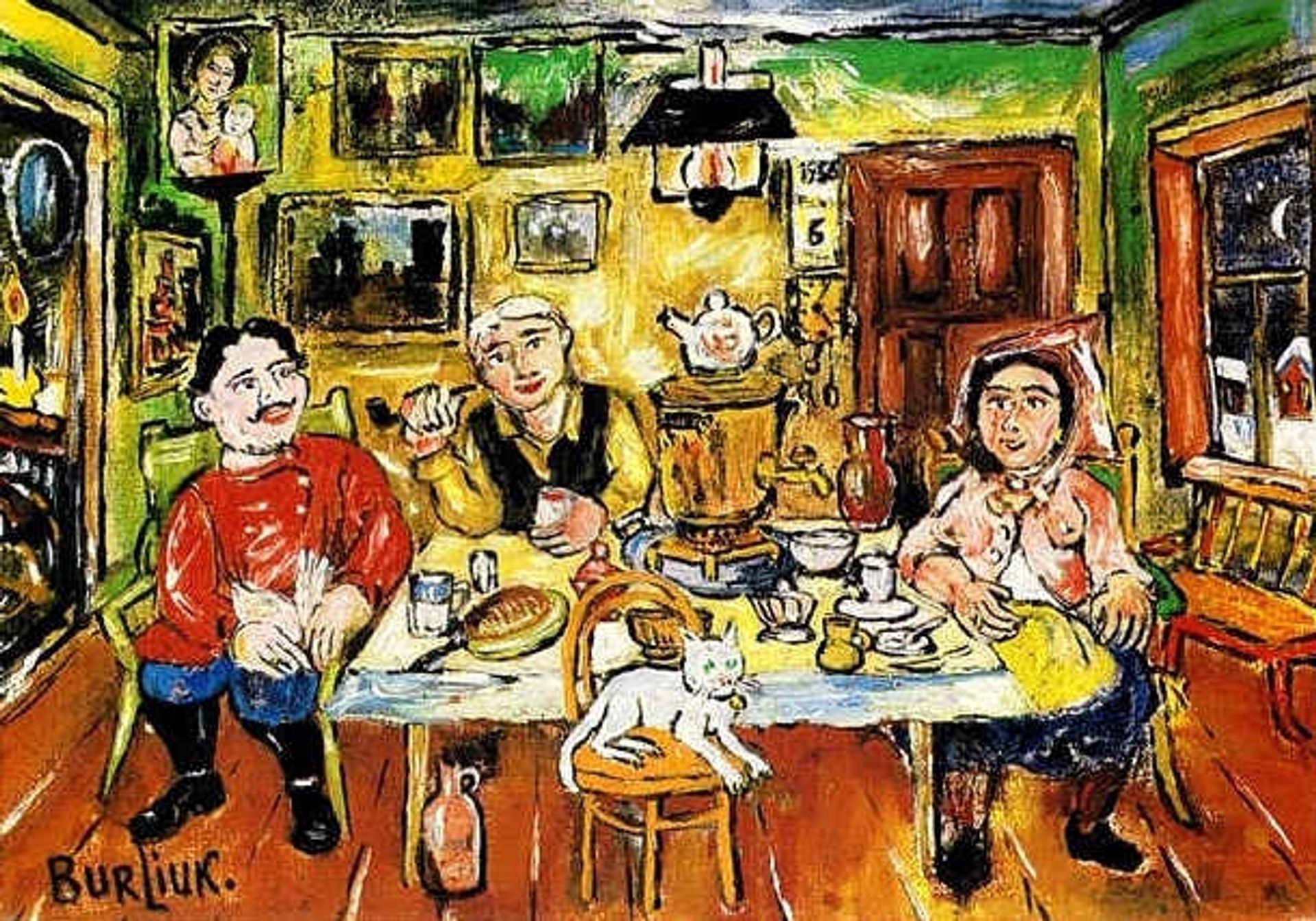 Tea time with a White Cat by David Burliuk