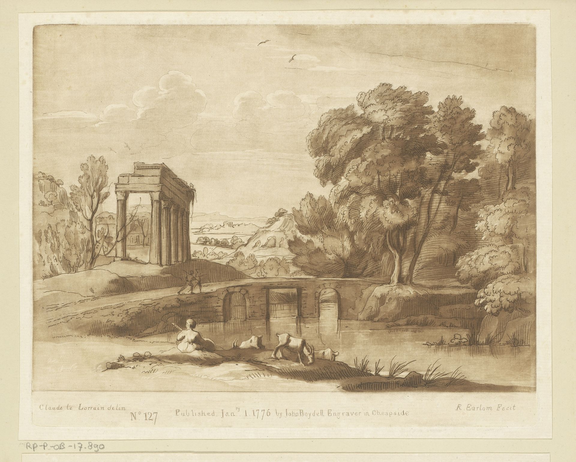 Landschap met stenen brug, ruïne en drie geiten by Richard Earlom