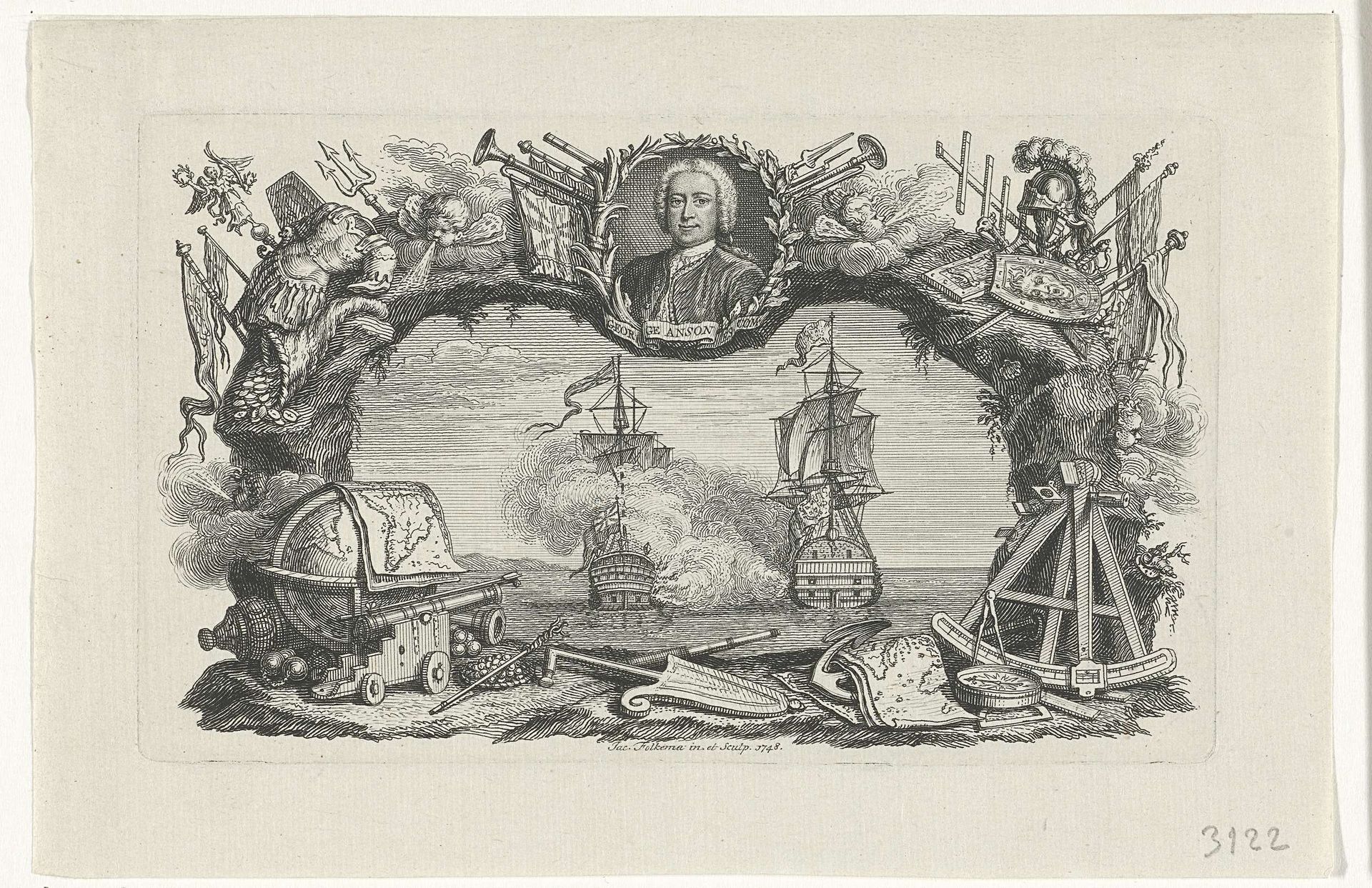 Portret van George Anson boven een zeeslag by Jacob Folkema