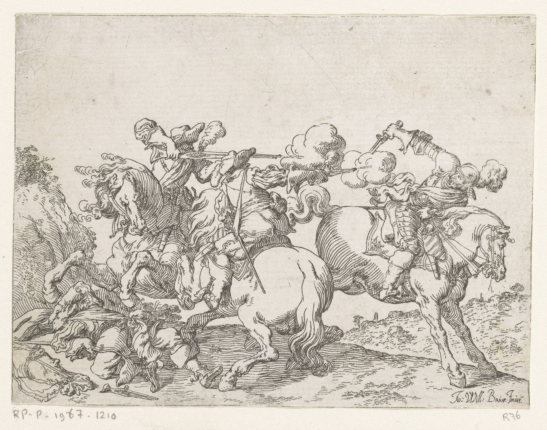 Twee musketiers te paard beschieten een ruiter by Johann Wilhelm Baur