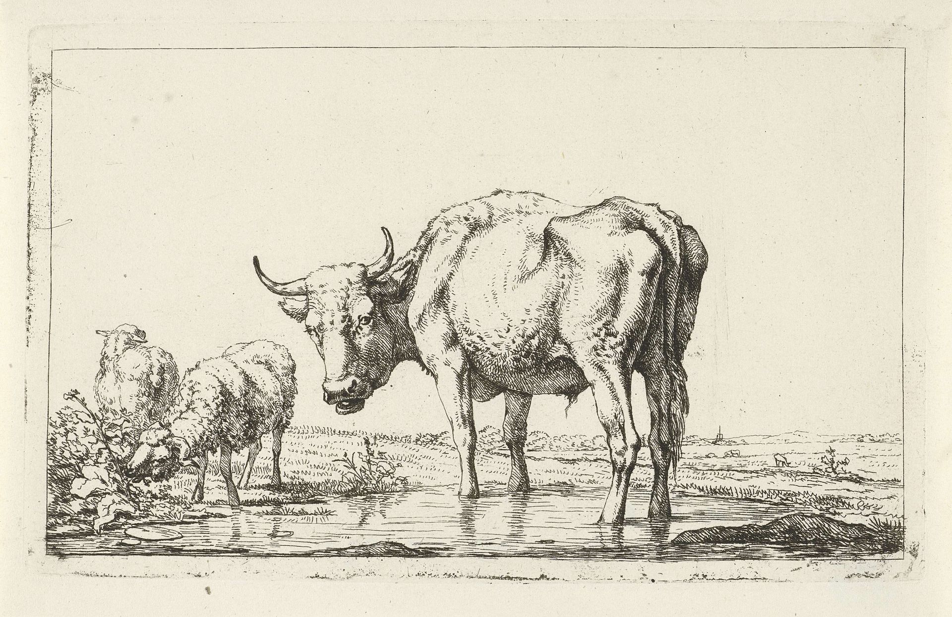 Twee schapen en een stier bij een waterplas by Jan (II) Kobell