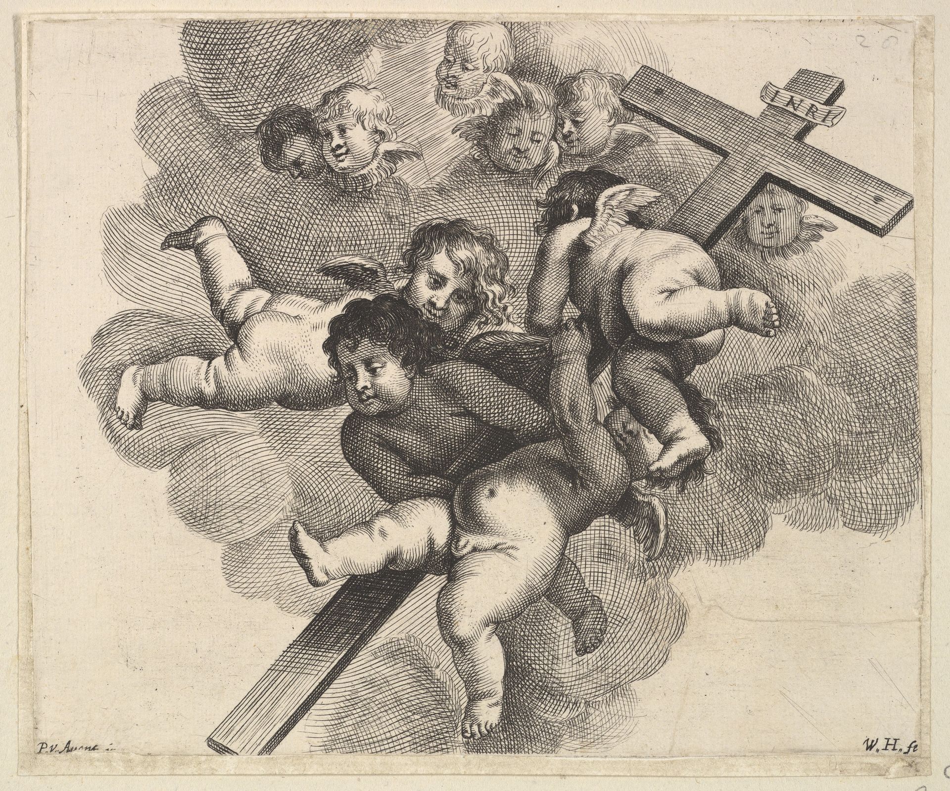 Four cherubs carrying a cross by Wenceslaus Hollar