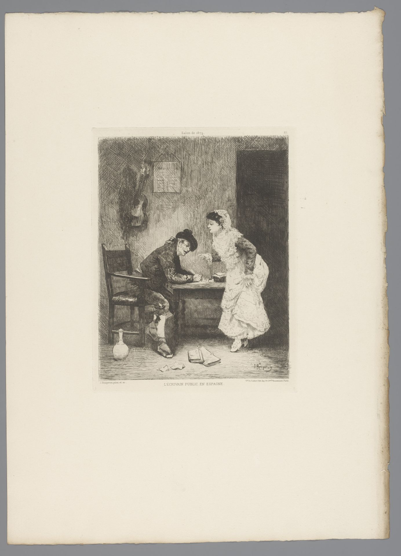 Vrouw dicteert een brief aan een schrijvende man by Jules James Rougeron