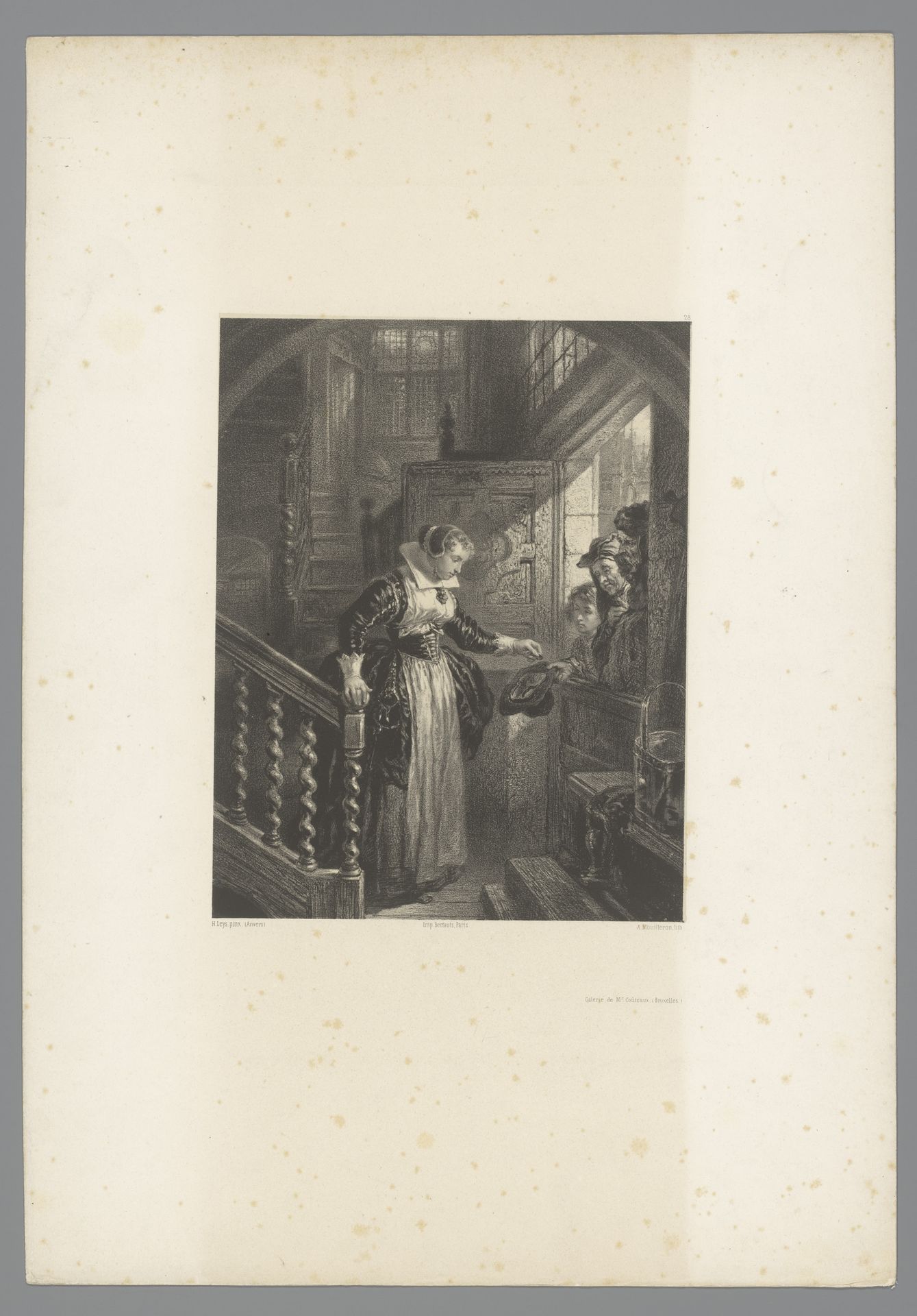 Vrouw geeft bedelaars een aalmoes aan de deur by Adolphe Mouilleron