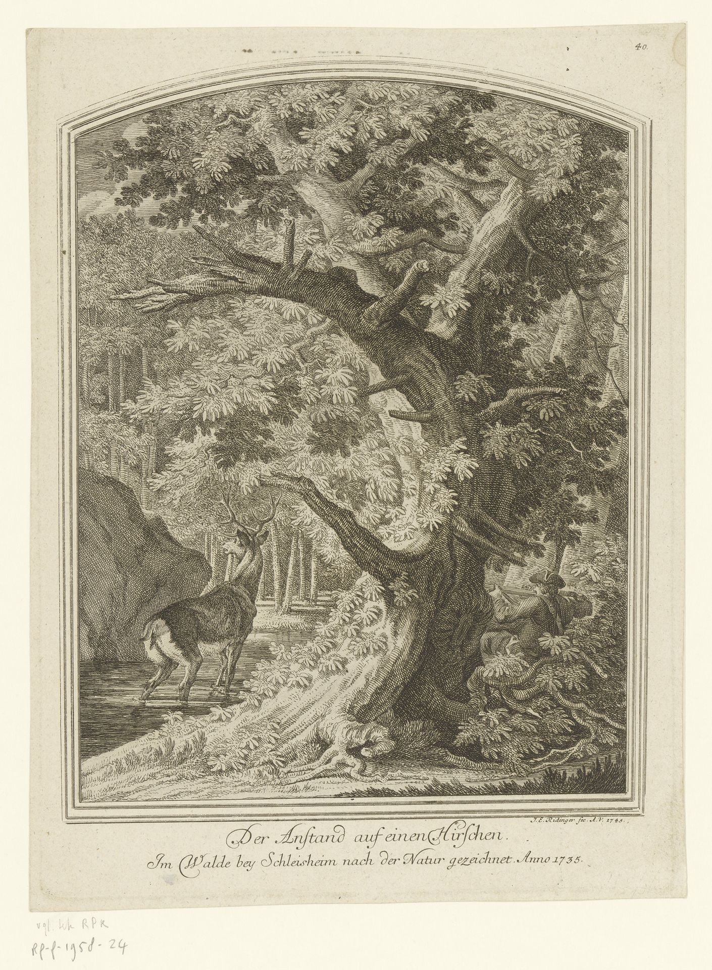 Jager verstopt achter een boom legt aan om een hert te schieten by Johann Elias Ridinger