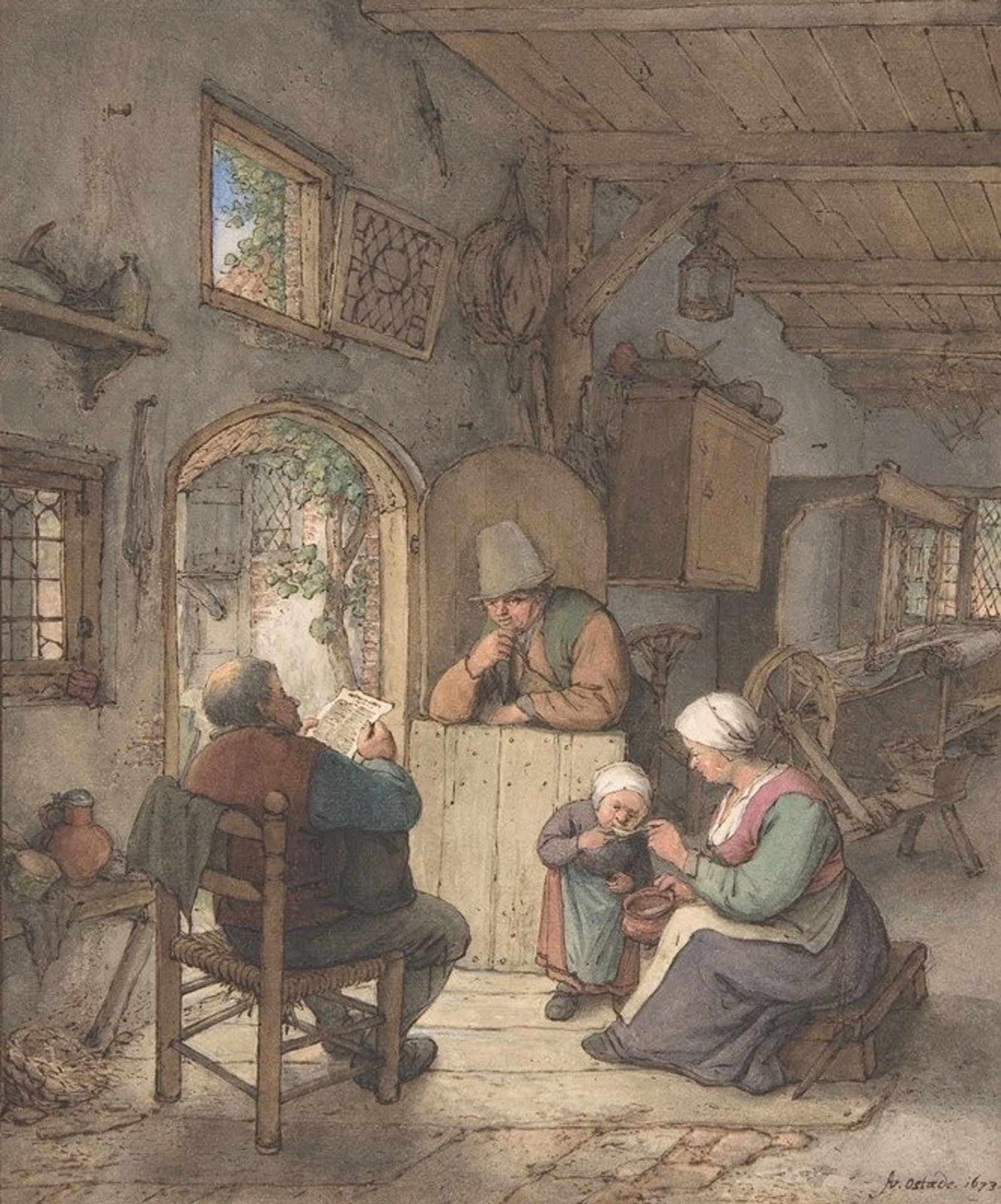 Reading the News at the Weavers’ Cottage by Adriaen van Ostade