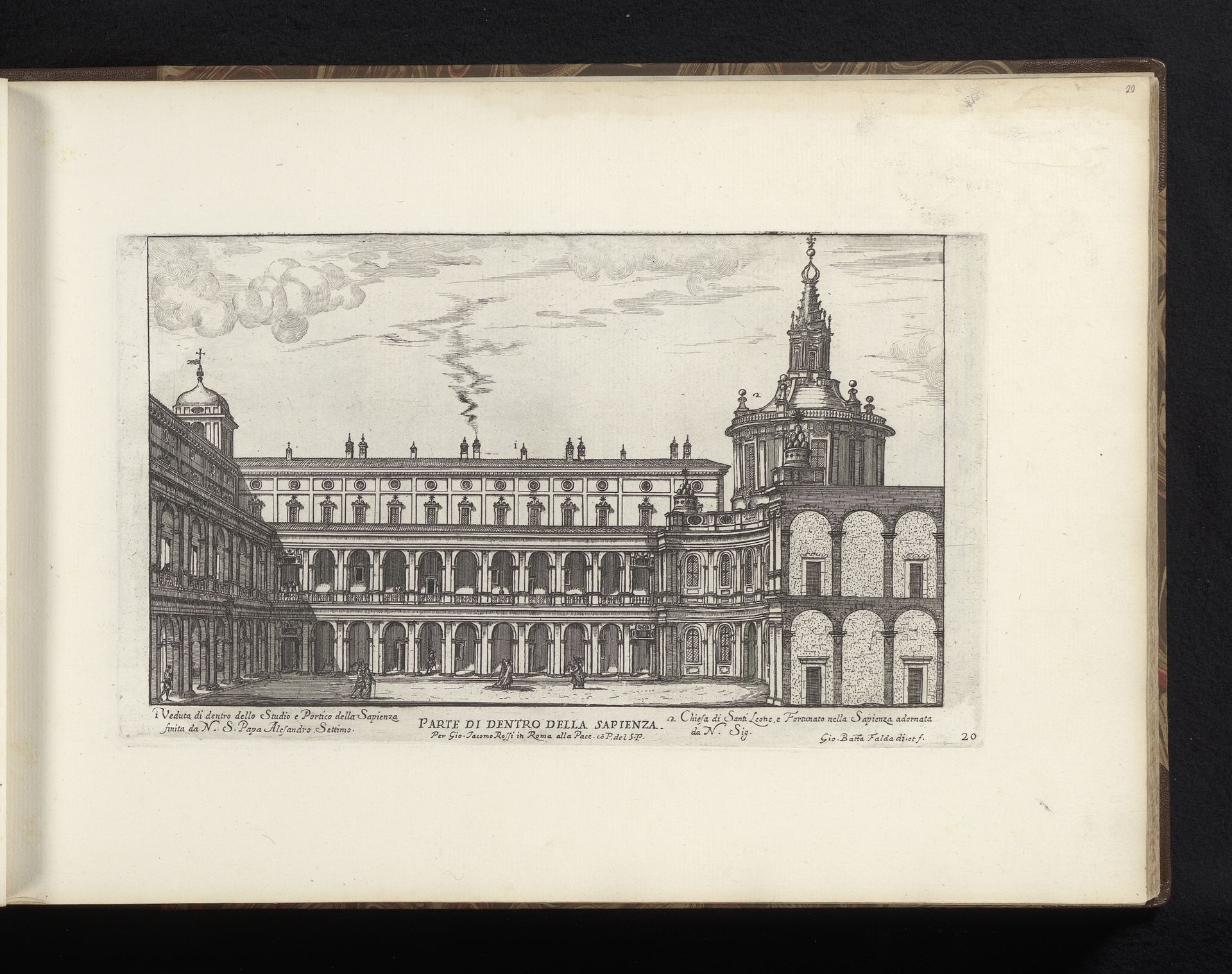 Binnenplaats van Palazzo della Sapienza met de Sant' Ivo alla Sapienza te Rome by Giovanni Battista Falda