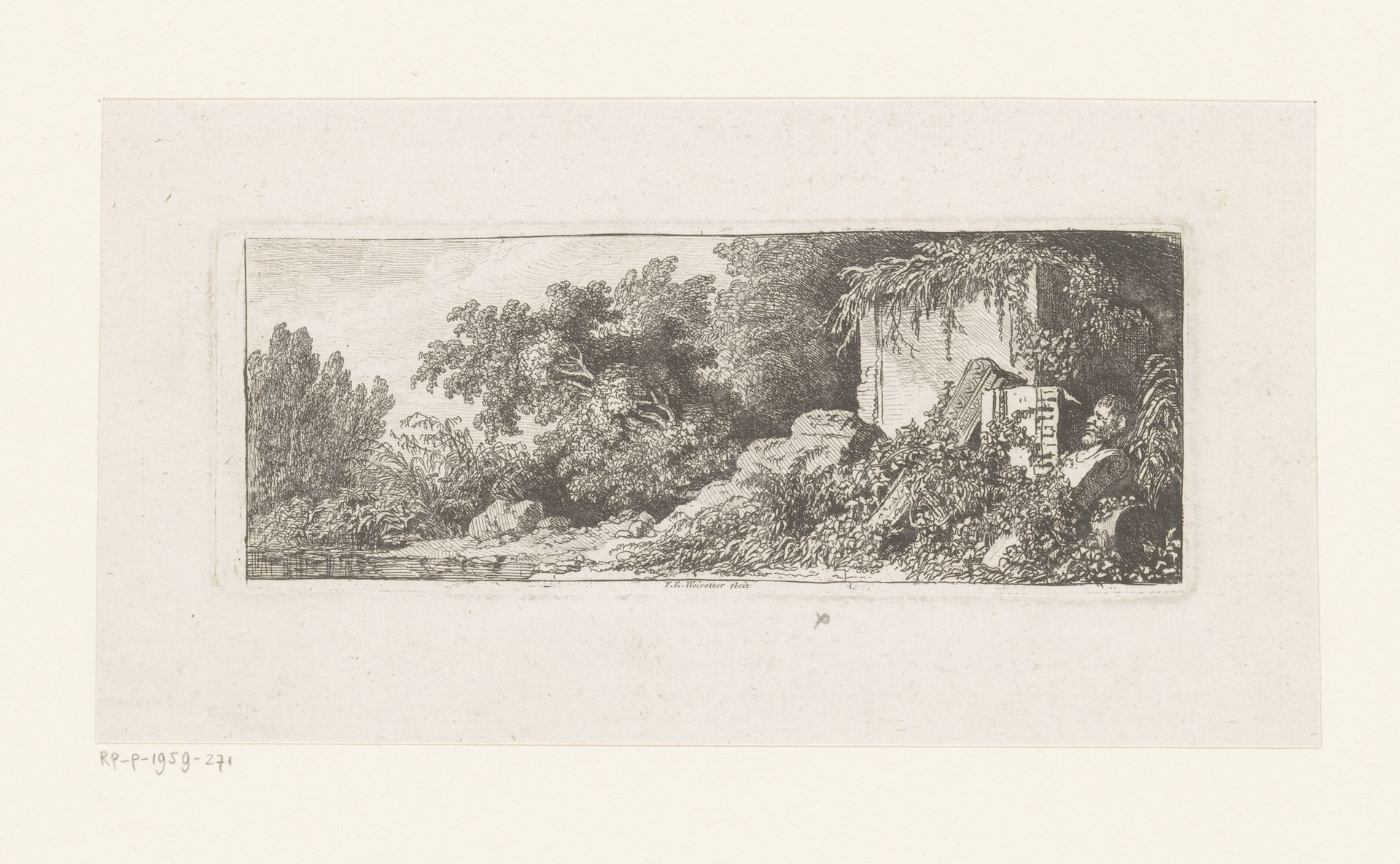Ruïneuze delen van een monument naast een vijver by Franz Edmund Weirotter