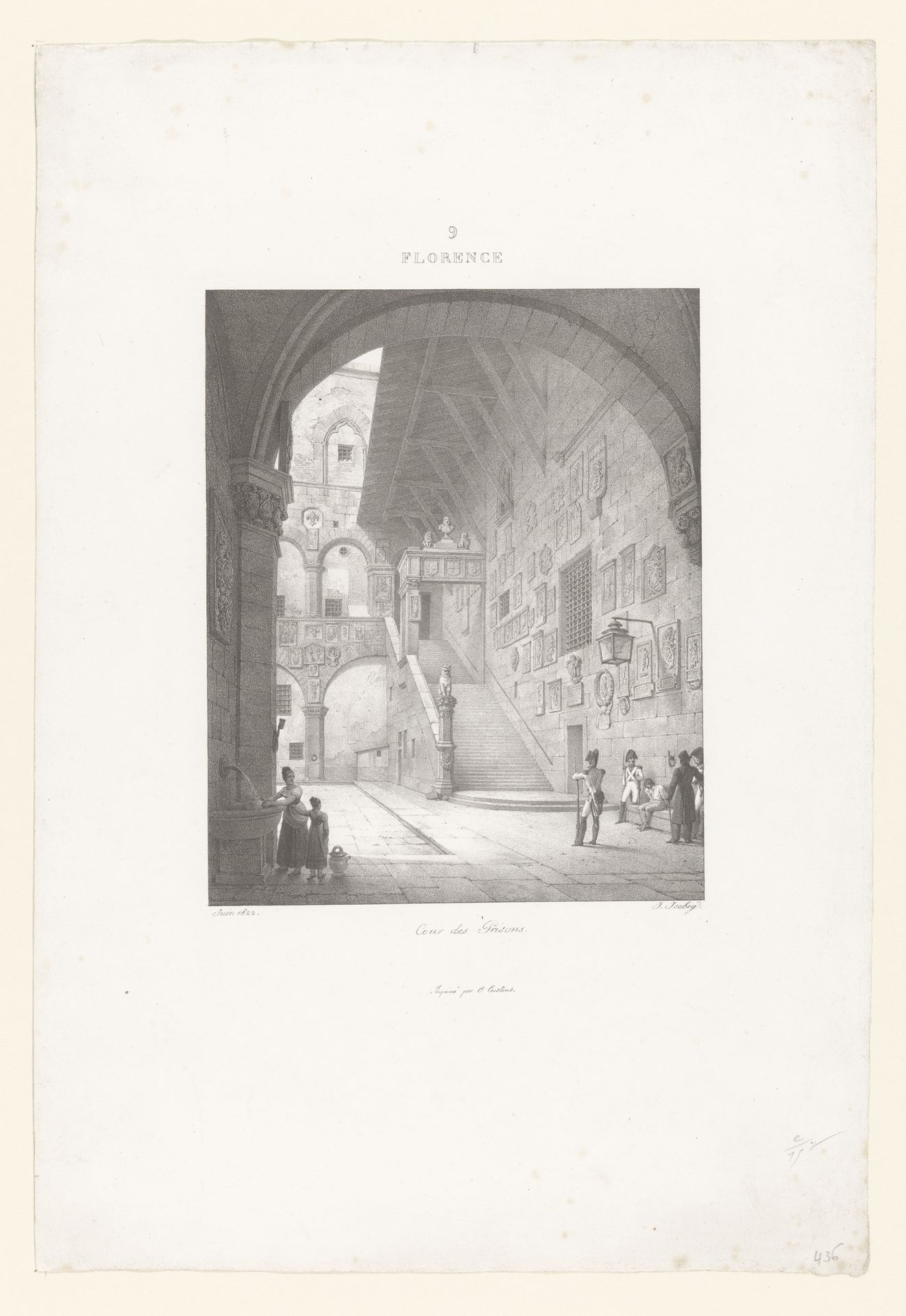Zicht op de binnenplaats van de gevangenis in Florence by Jean-Baptiste Isabey