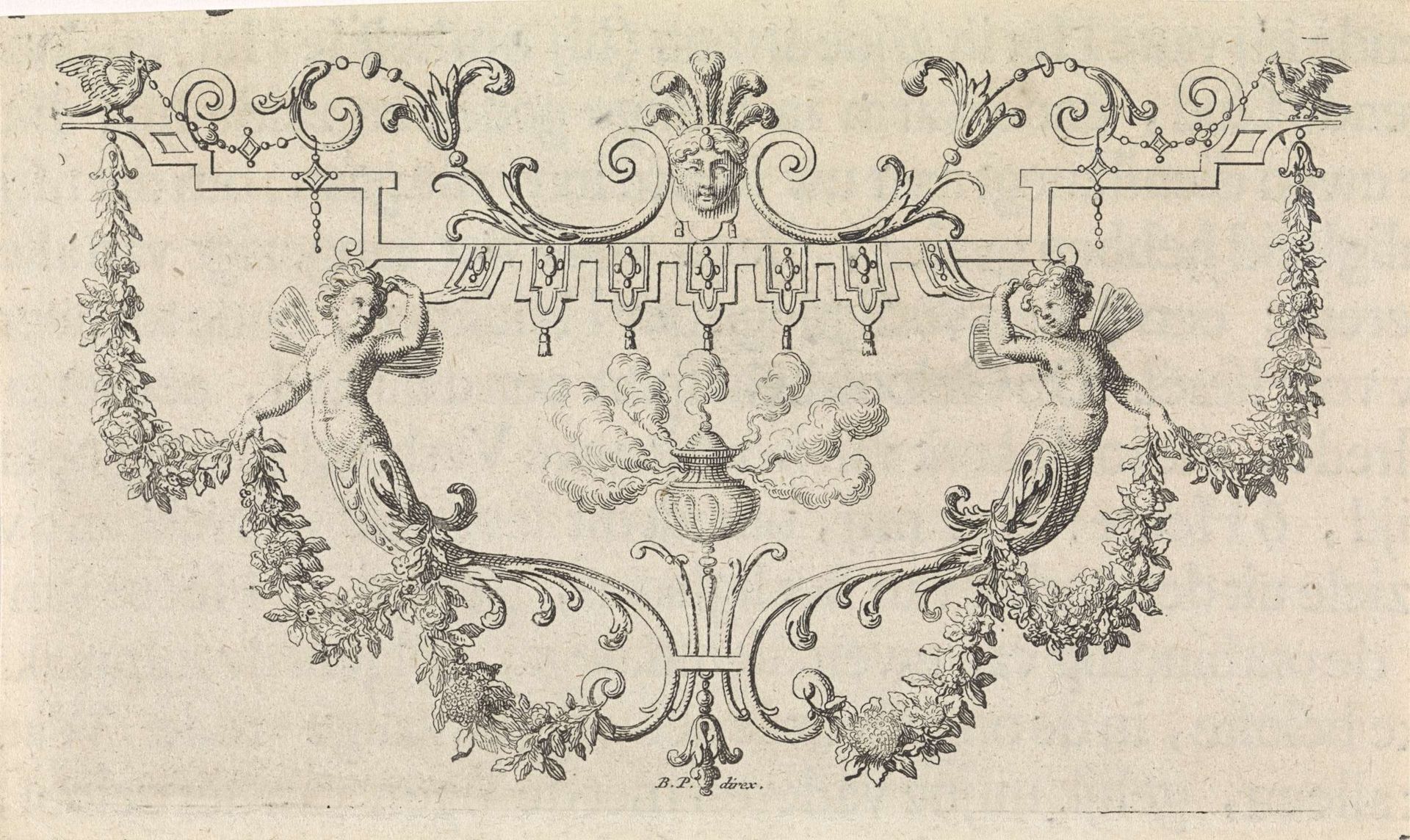Wierookvat in omlijsting met guirlandes en hybride putti by Bernard Picart