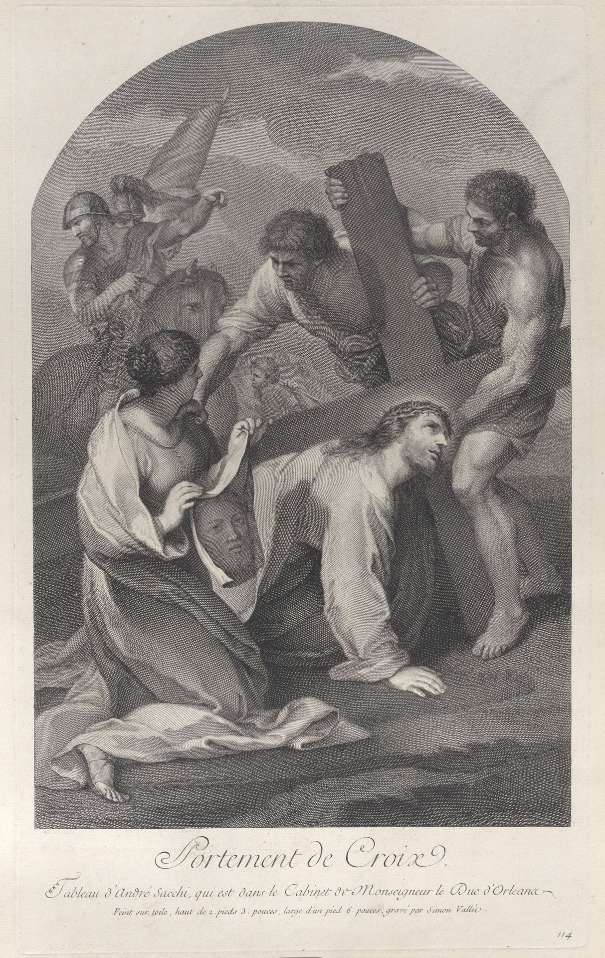 Christ fallen to the ground under the weight of the cross, with two men assisting and Saint Veronica kneeling with the veil at left by Simon de la Vallée