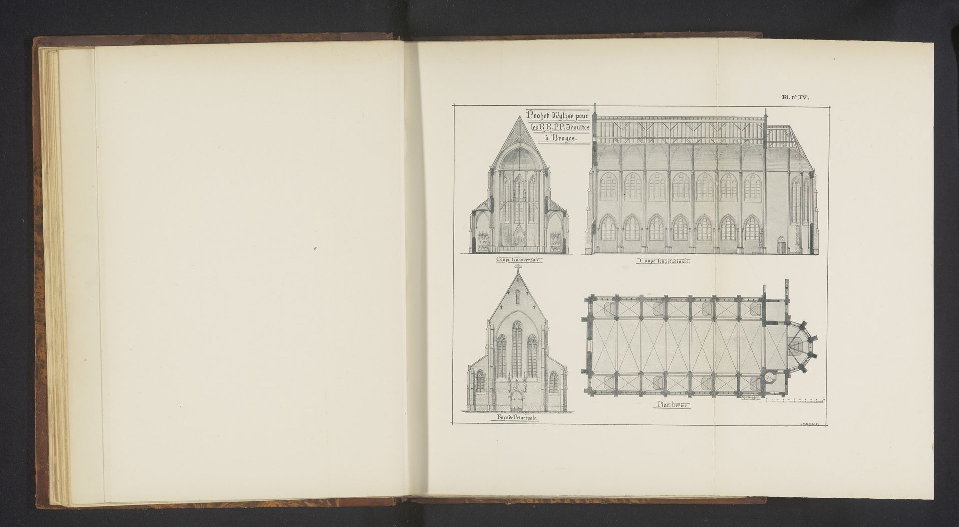 Reproductie van ontwerptekeningen van een dwarsdoorsnee, zijaanzicht, vooraanzicht en plattegrond van een kerk voor jezuïeten in Brugge door Joseph Piscador by Anonymous