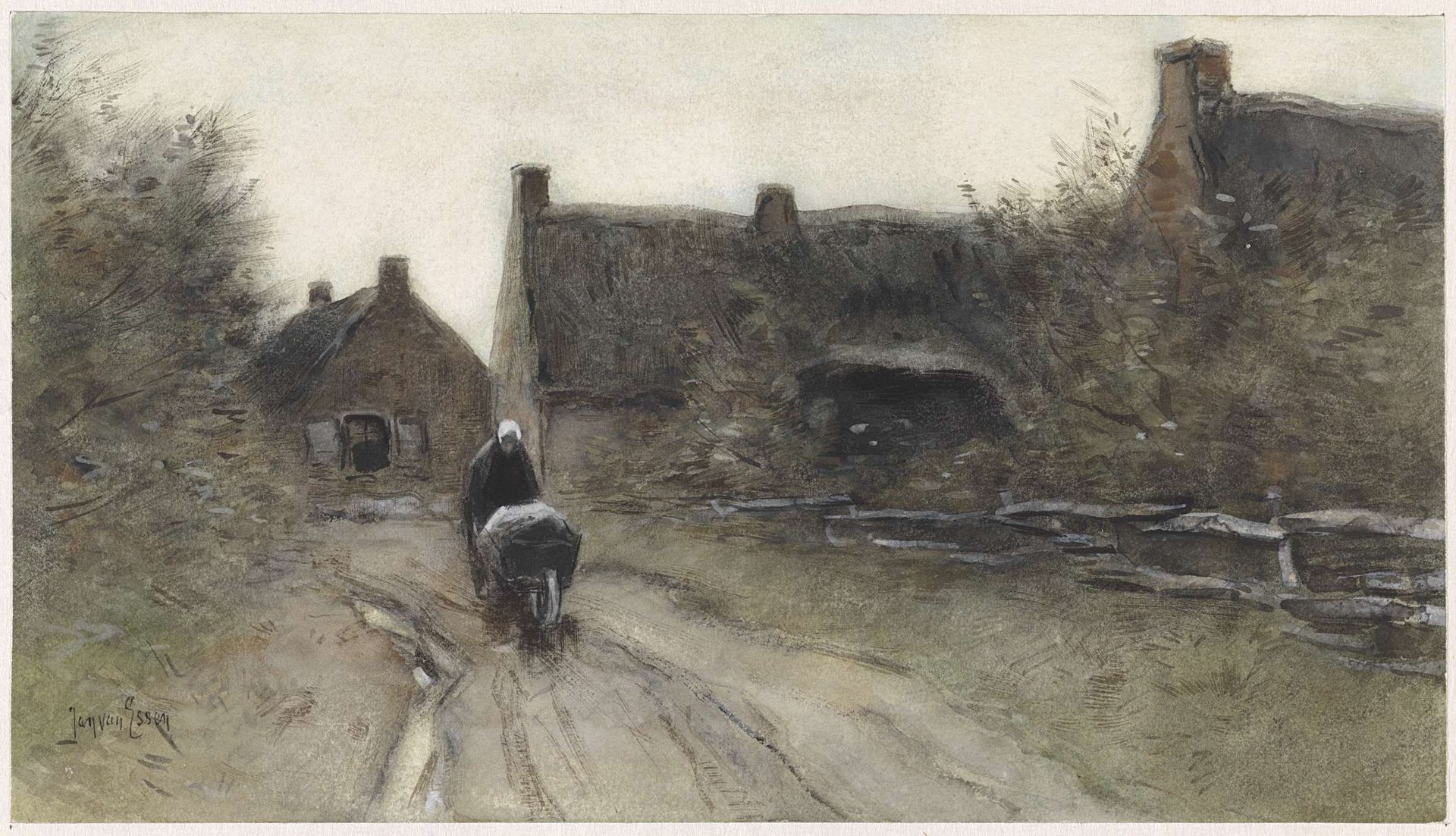 Dorpsgezicht met vrouw met kruiwagen by Jan van Essen