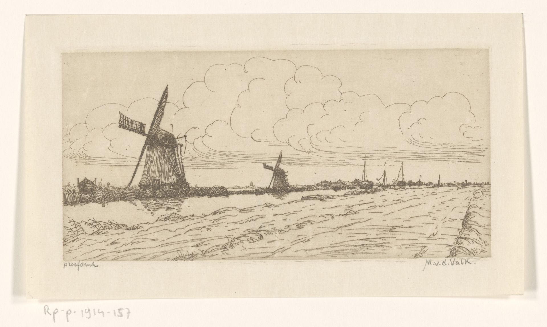 Landschap met weiland, kanaal en molens by Maurits van der Valk