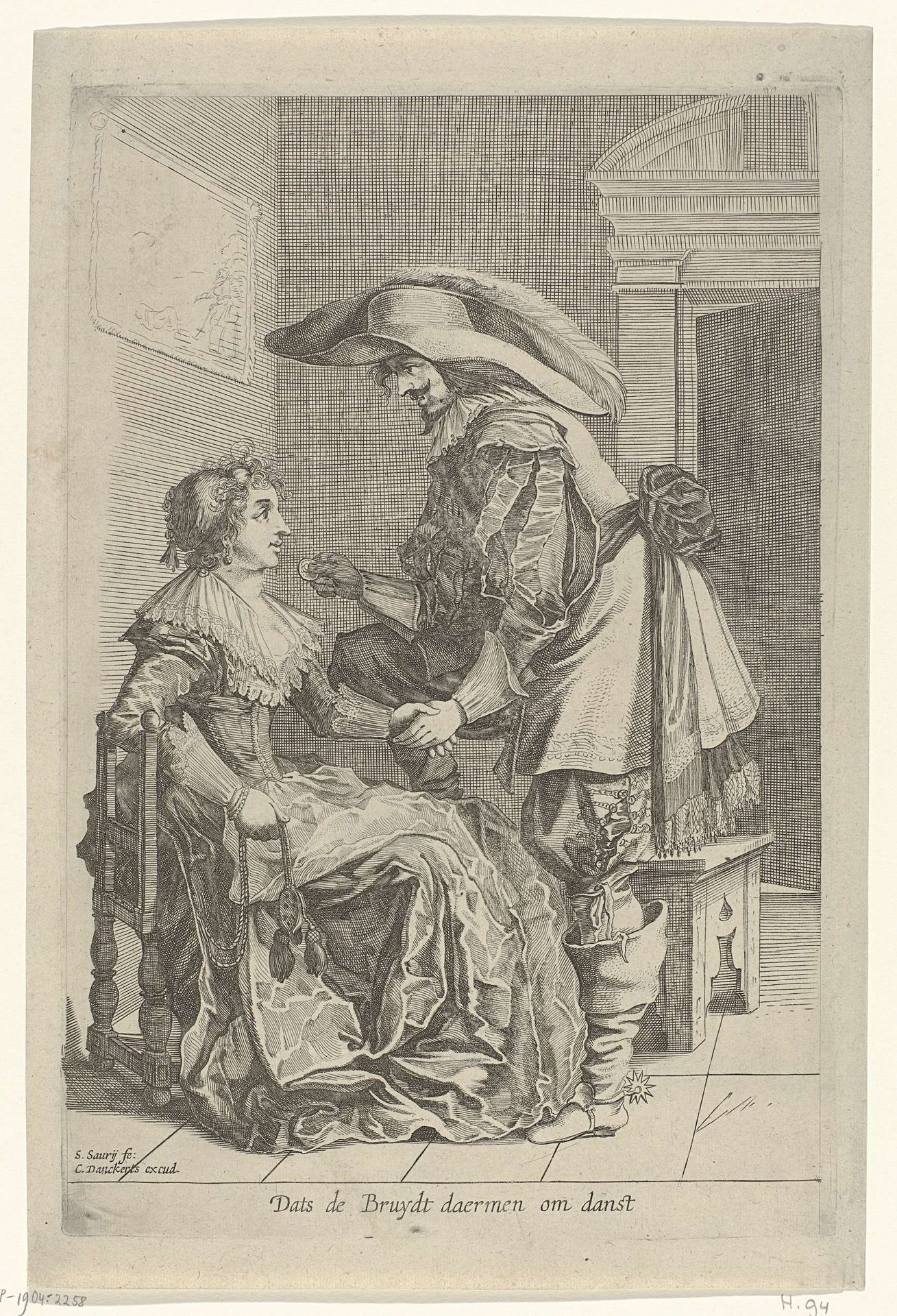 Man biedt een vrouw een muntstuk aan by Salomon Savery