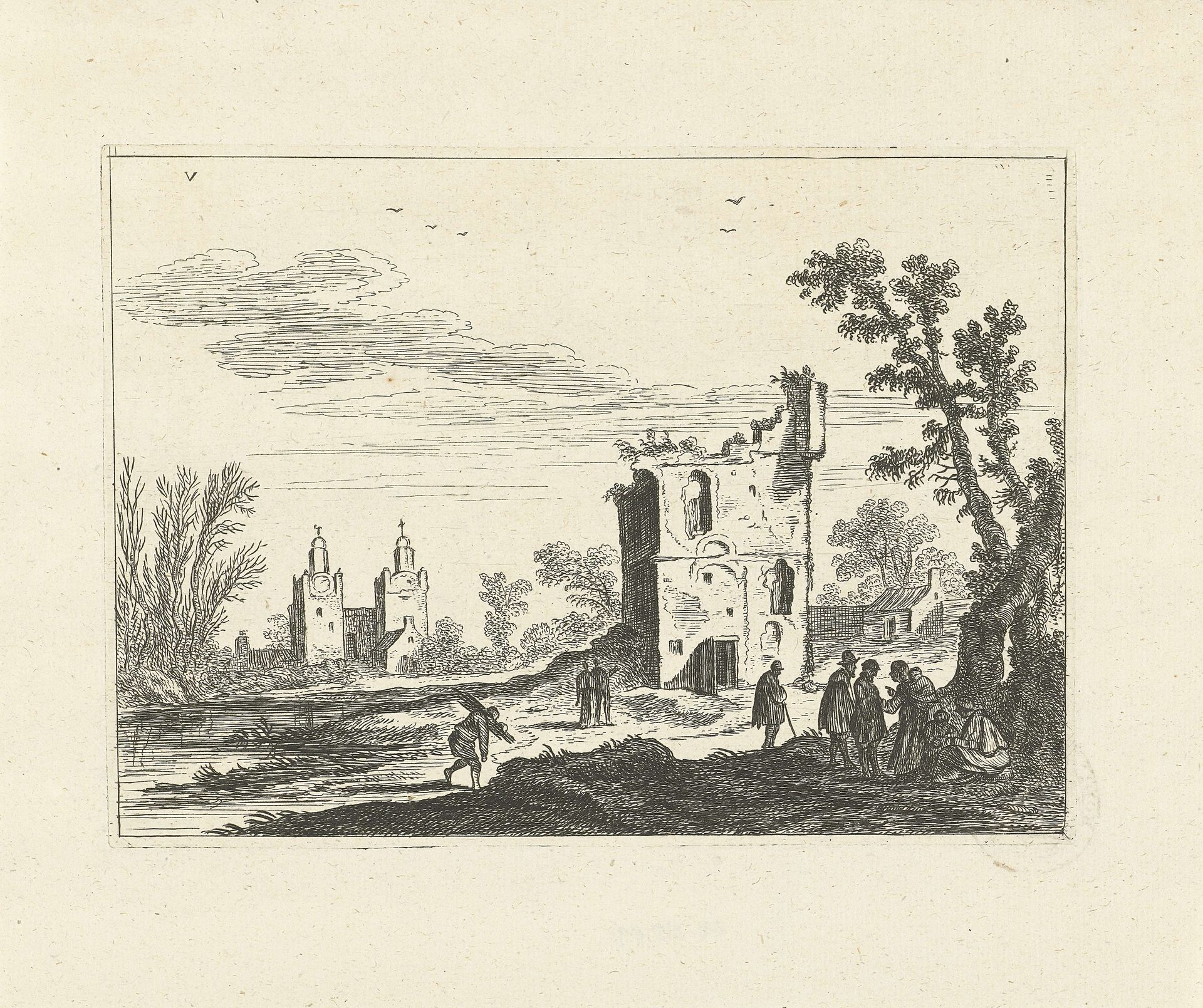 Landschap met ruïne en kerk by Johannes Gronsveld