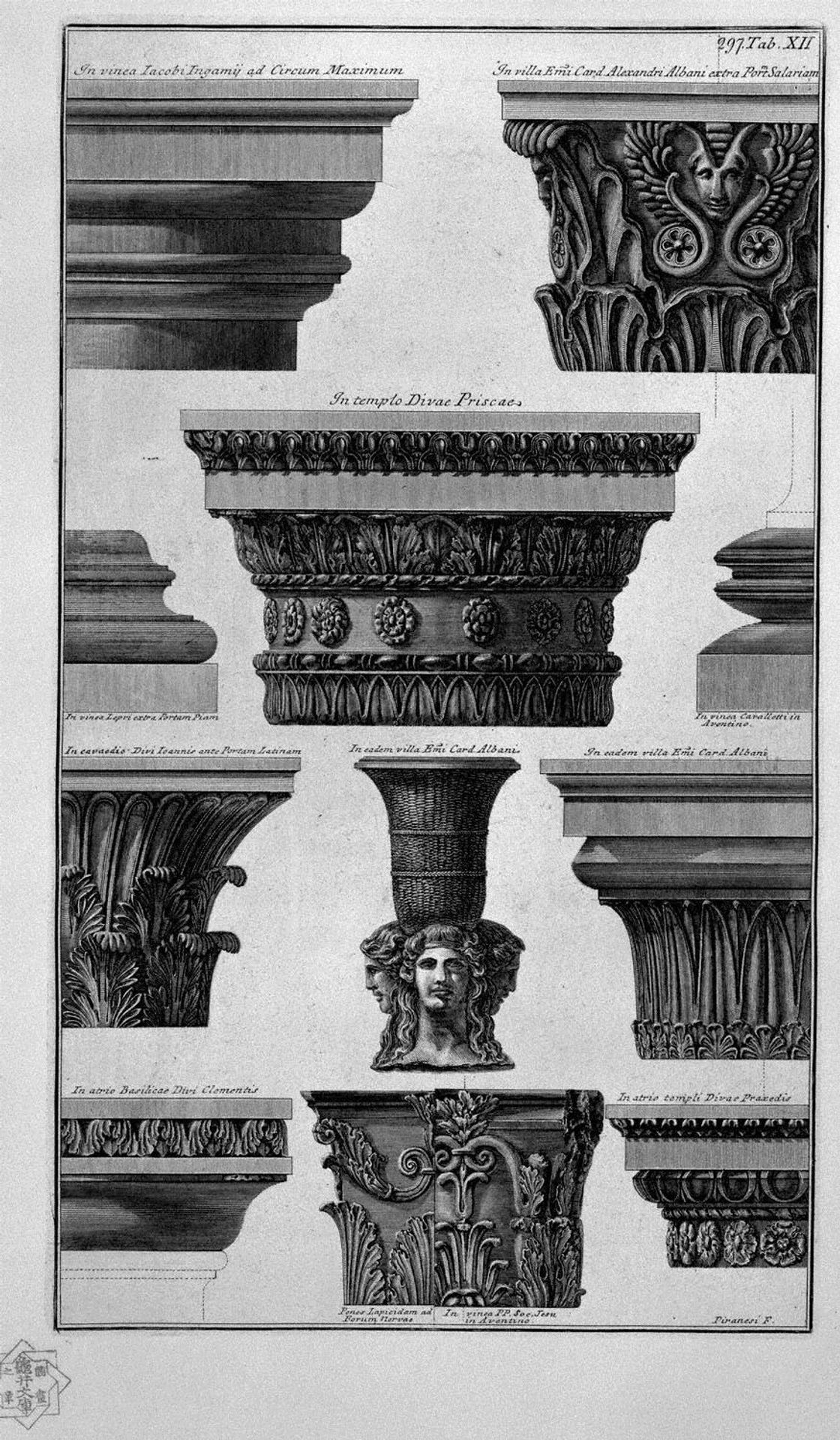 Various capitals (Villa Albani, S Prisca, Praxedes S, S Clement, etc.) by Giovanni Battista Piranesi