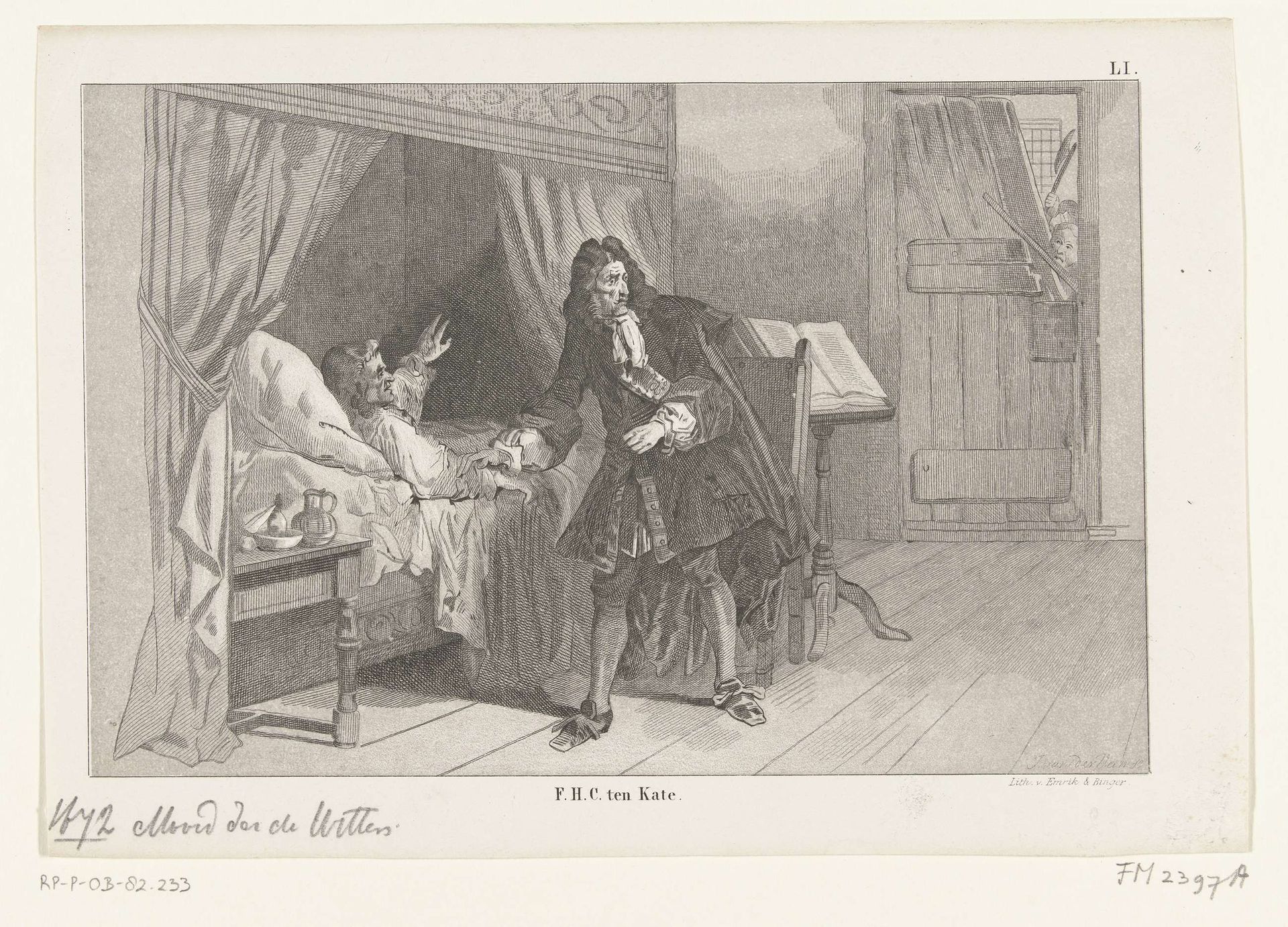 Johan en Cornelis de Witt overvallen in hun kamer in de Gevangenpoort, 1672 by Jan van der (prentmaker) Veen