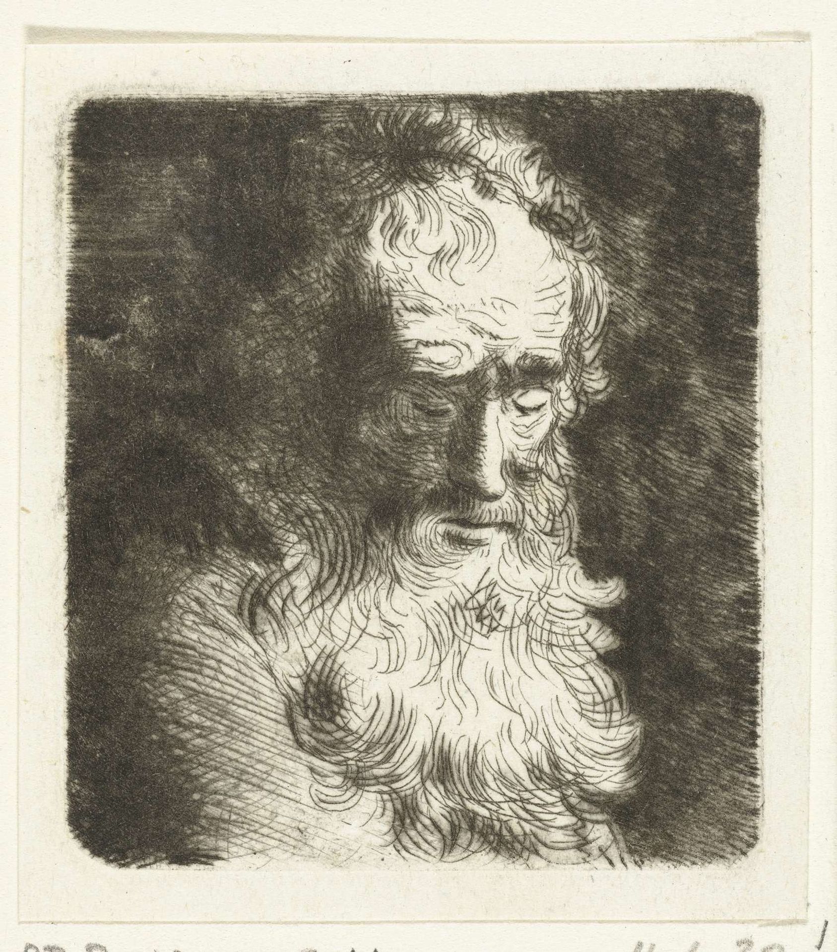 Oude man met baard met de blik naar beneden gericht: driekwart, naar rechts by Ernst Willem Jan Bagelaar