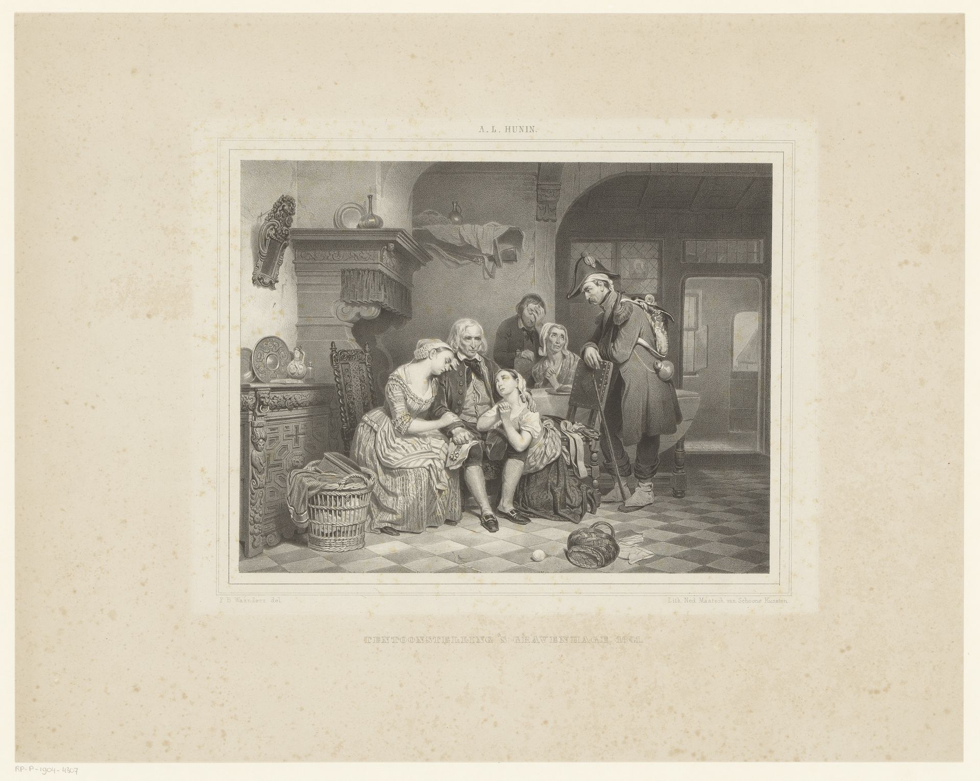 Interieur met rouwende familie by Franciscus Bernardus Waanders
