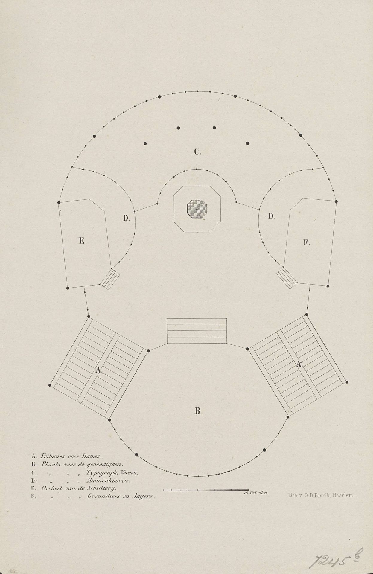 Plattegrond van de tribunes en afgezette ruimte rondom het standbeeld van Coster, 1856 by C.D. Emrik