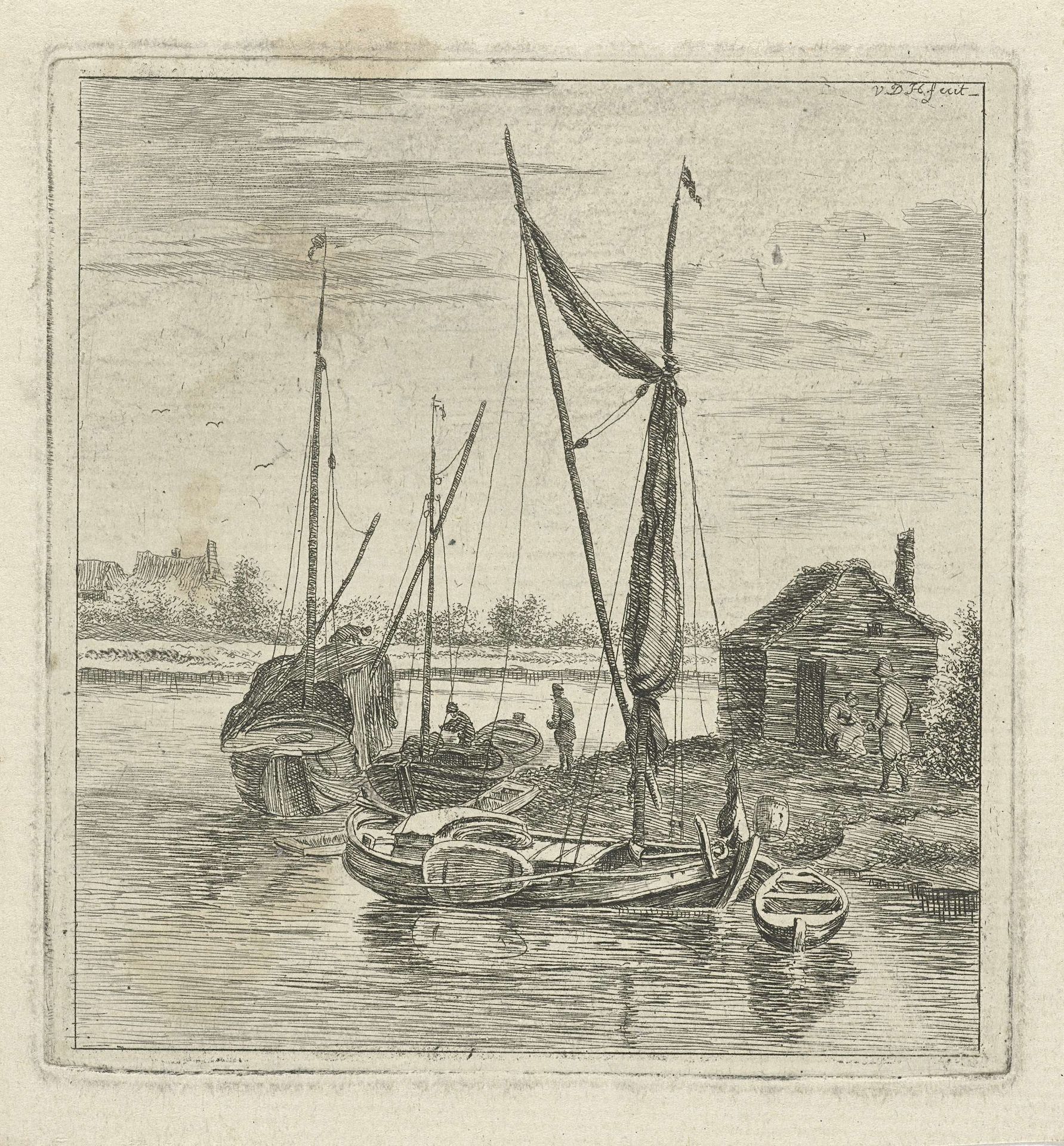 Riviergezicht met schepen aan de wal by Anthonij van der Haer