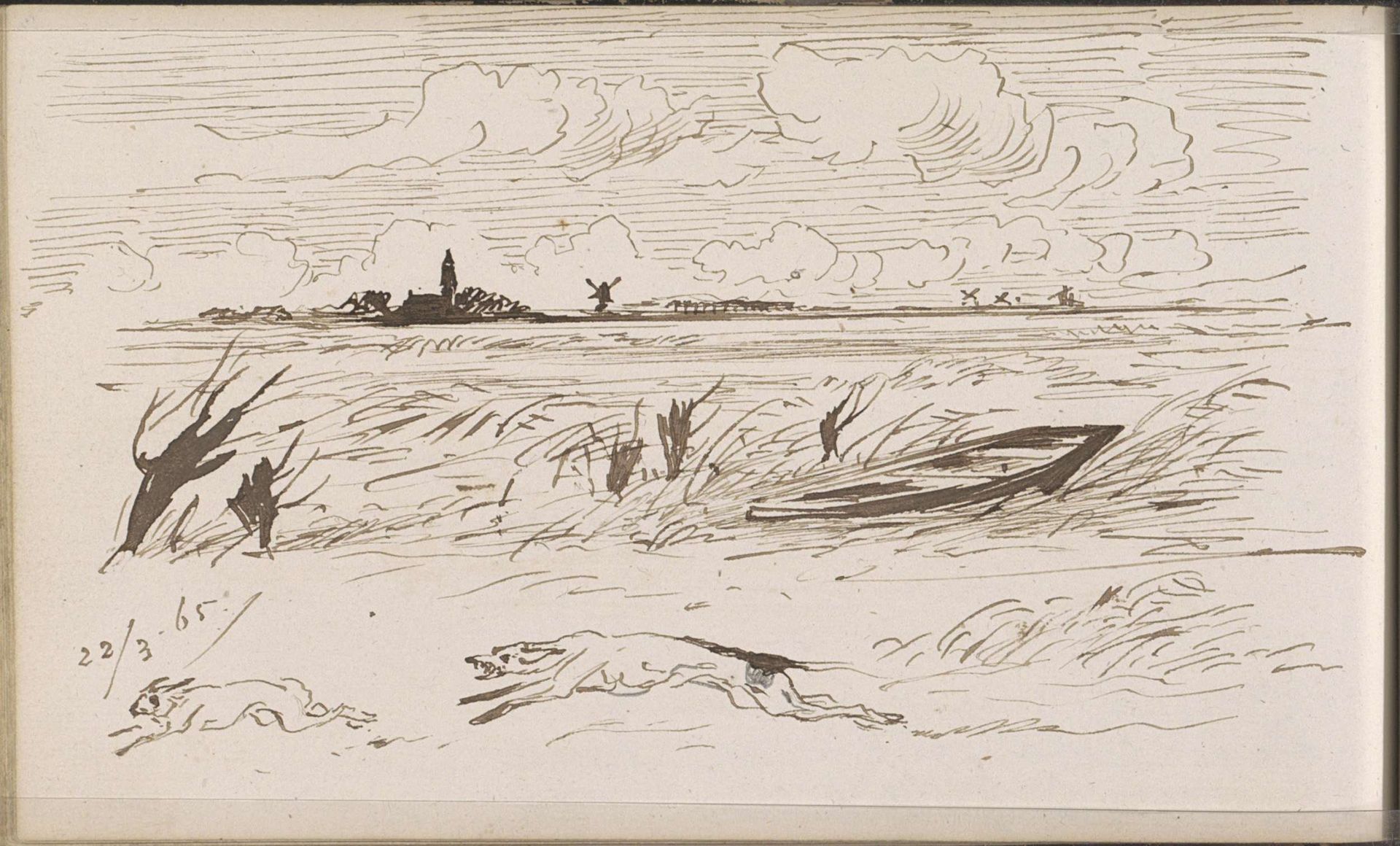 Rivierlandschap met een kerktoren en molens by Johannes Tavenraat