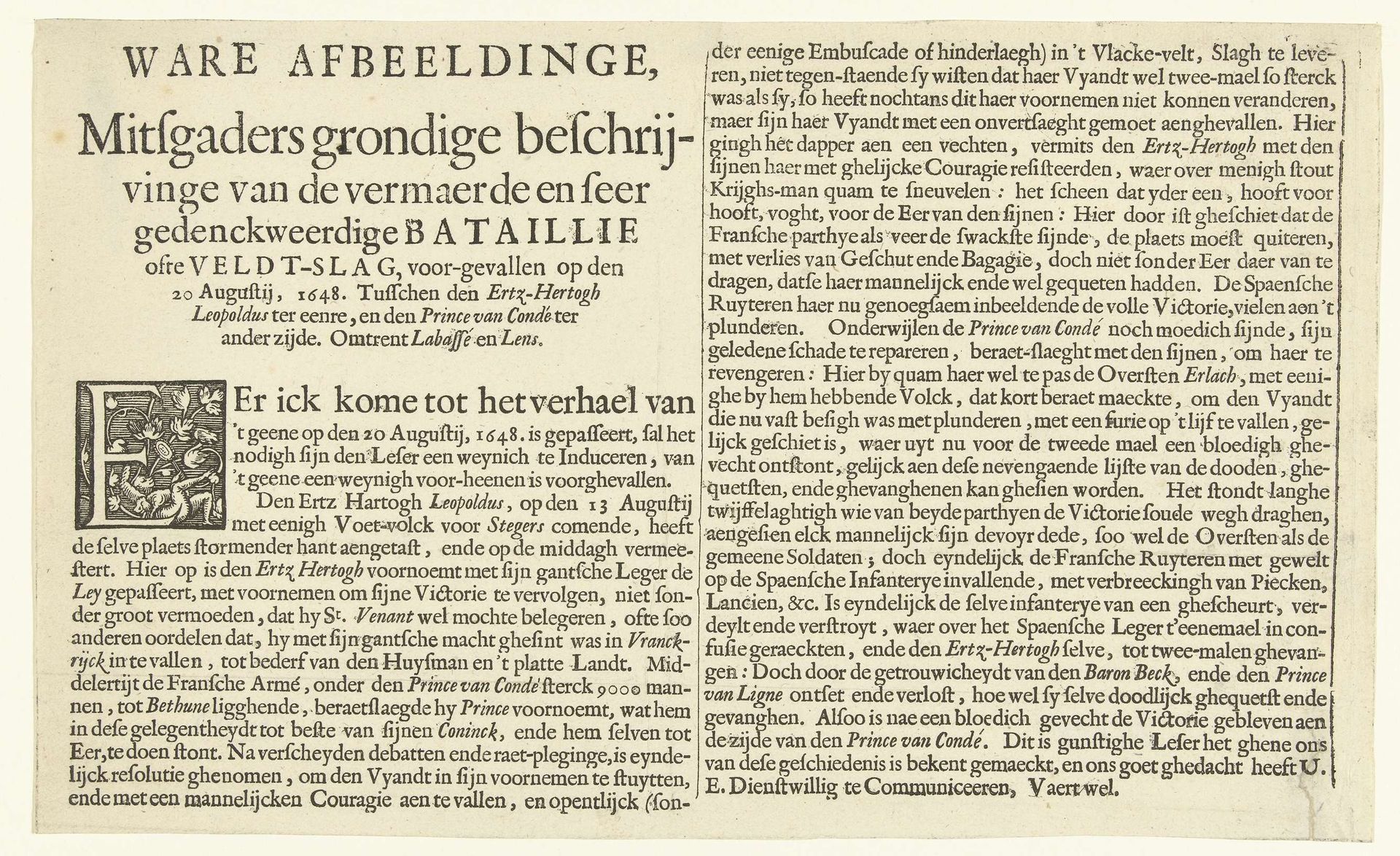 Tekstblad bij de prent van het gevecht bij Lens, 1648 by Pieter Nolpe