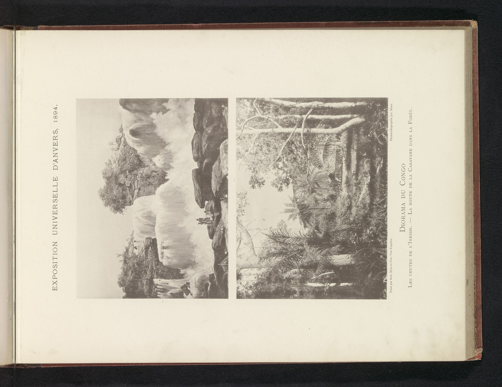 Twee fotoreproducties van schilderingen, voorstellende watervallen van de Inkisi te Congo en een karavaanroute in het oerwoud te Congo by Th. Lantin