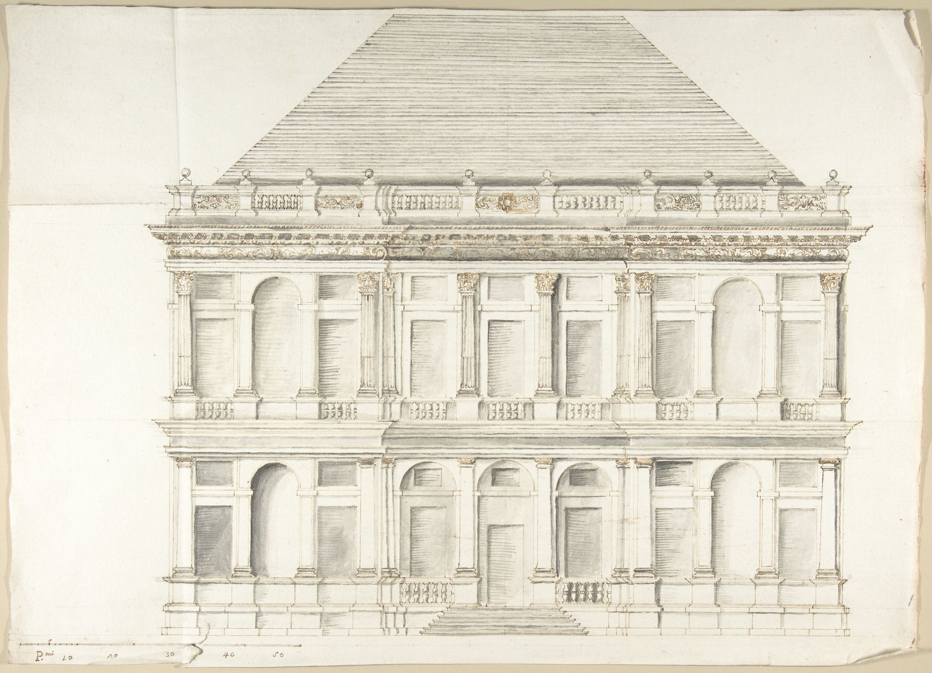 Two-Story Facade of a Palace with a Mansard Roof by Pietro Paolo Coccetti (Cocchetti)