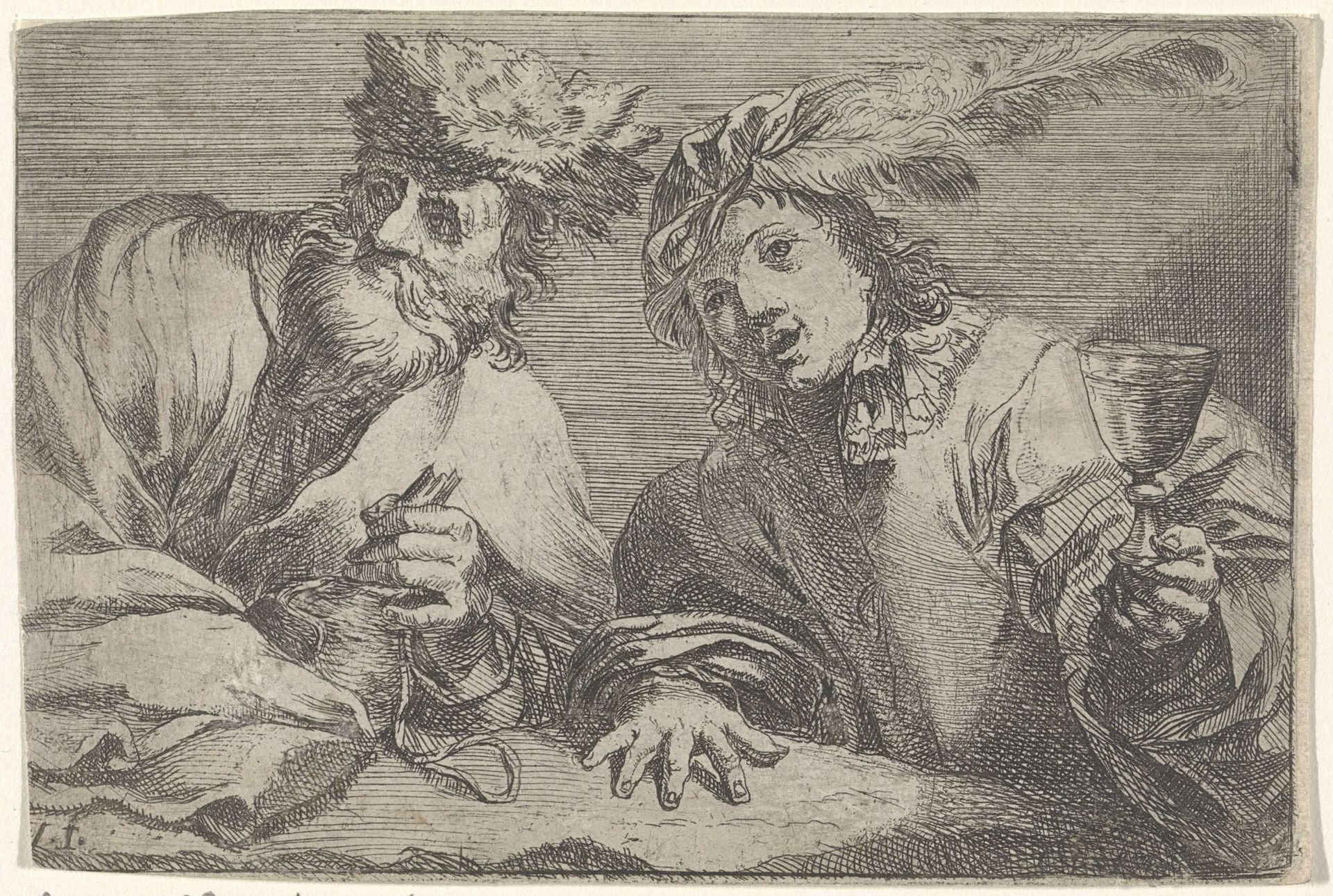 Oude en jonge man aan een tafel by Johann Liss