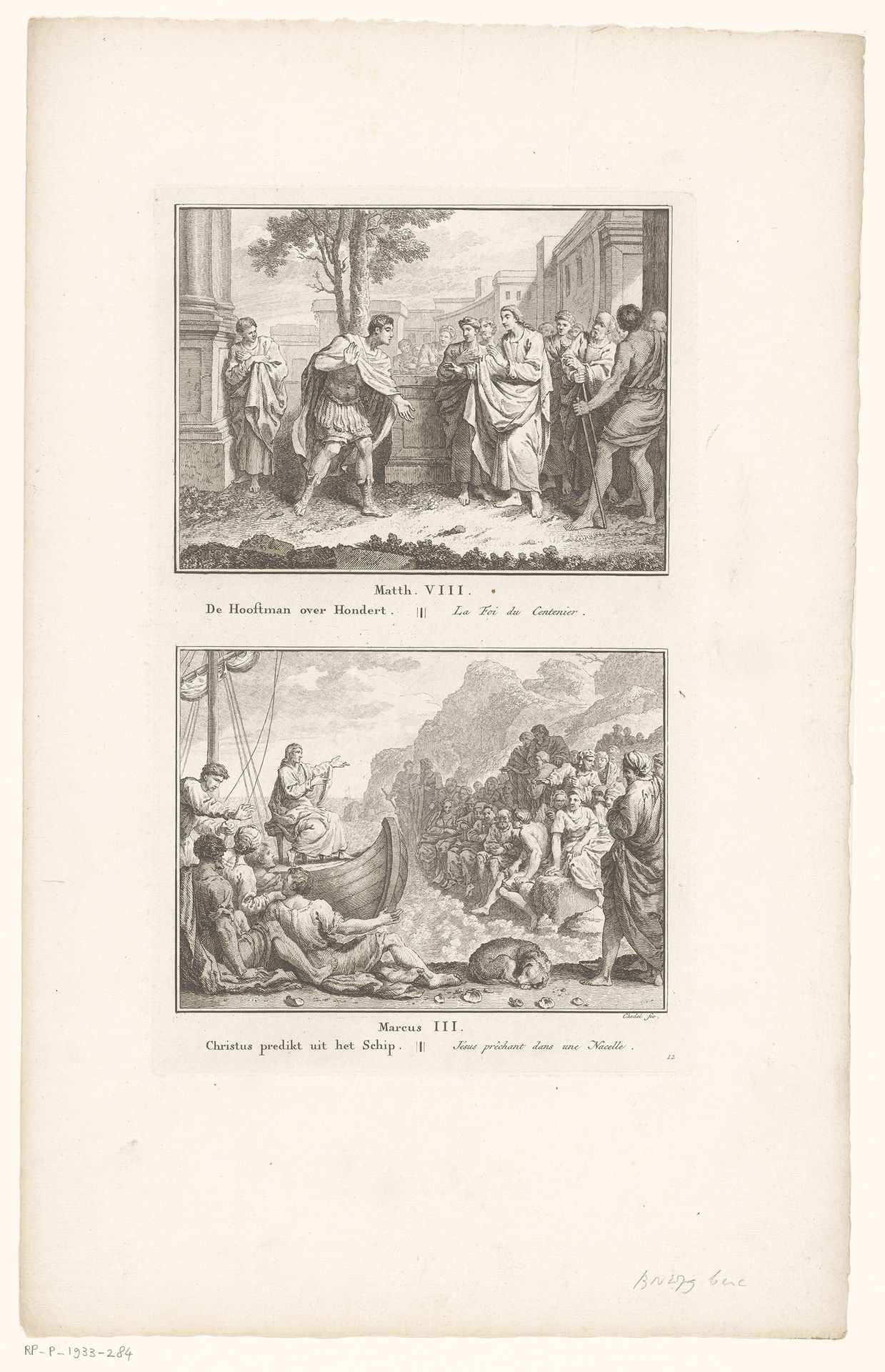 Christus en de hoofdman (centurio) uit Kafarnaüm; Christus predikt vanuit het schip by Quentin Pierre Chedel