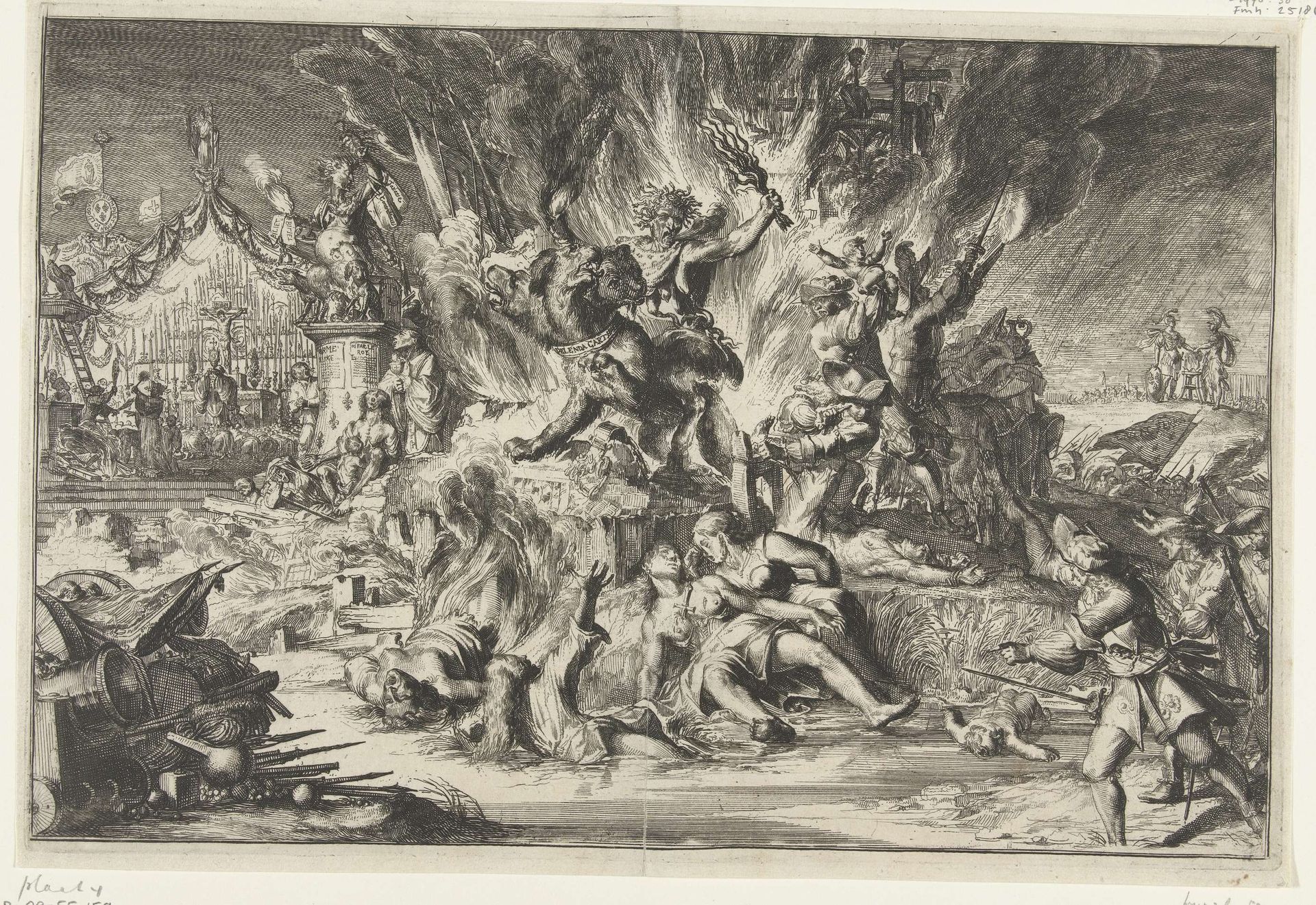 Oorlog en tirannie teisteren Nederland by Romeyn de Hooghe