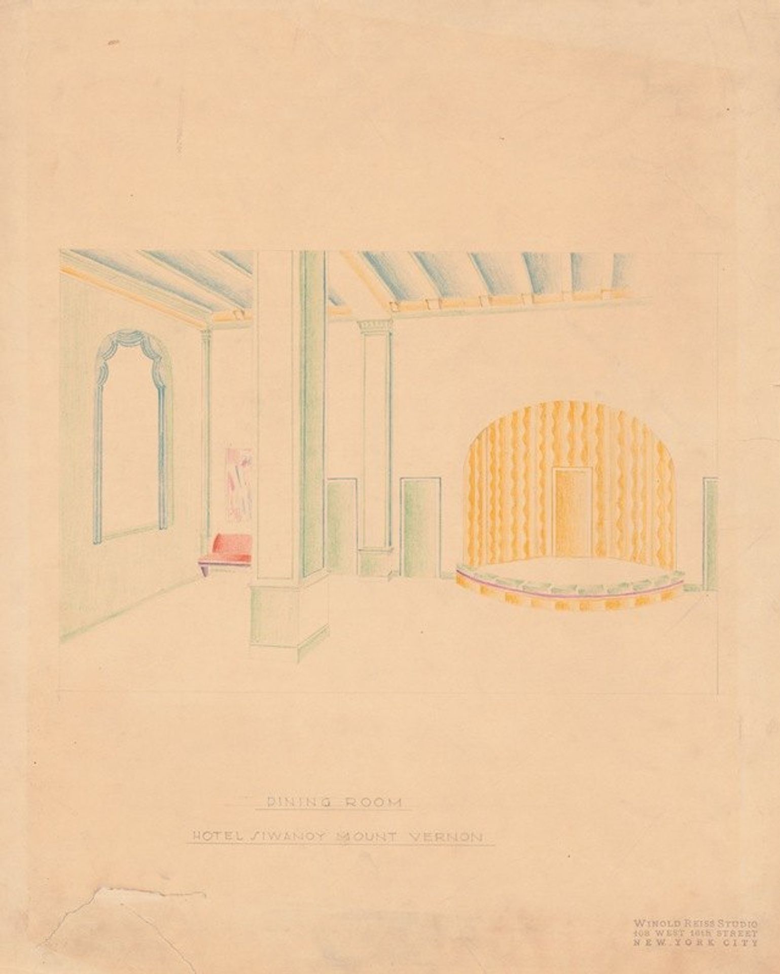 Interior perspective drawings of Hotel Siwanoy, Mount Vernon, NY.] [Interior perspective of dining room by Winold Reiss