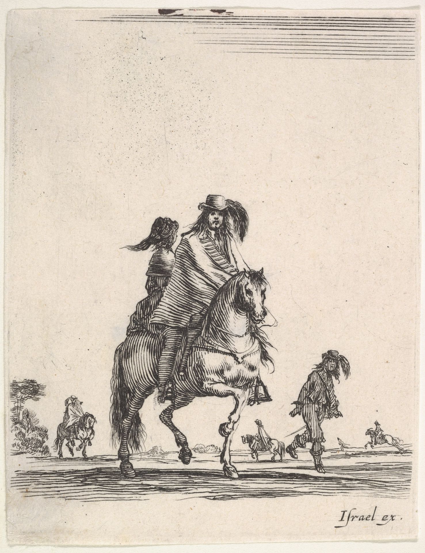 A horseman and his wife, seated side-saddle behind him, riding towards the right, other horsemen and footsoldiers in the background, from 'Various cavalry exercises' (Diverses exercices de cavalerie) by Stefano della Bella